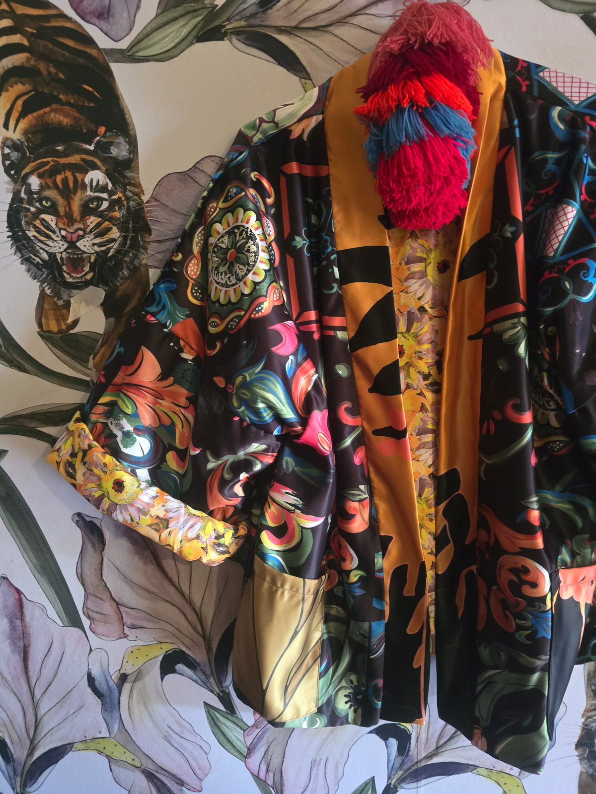 The ELECTRIC JUNGLE & DAISY FULLY REVERSIBLE BOMBER IN DUCHESS SATIN