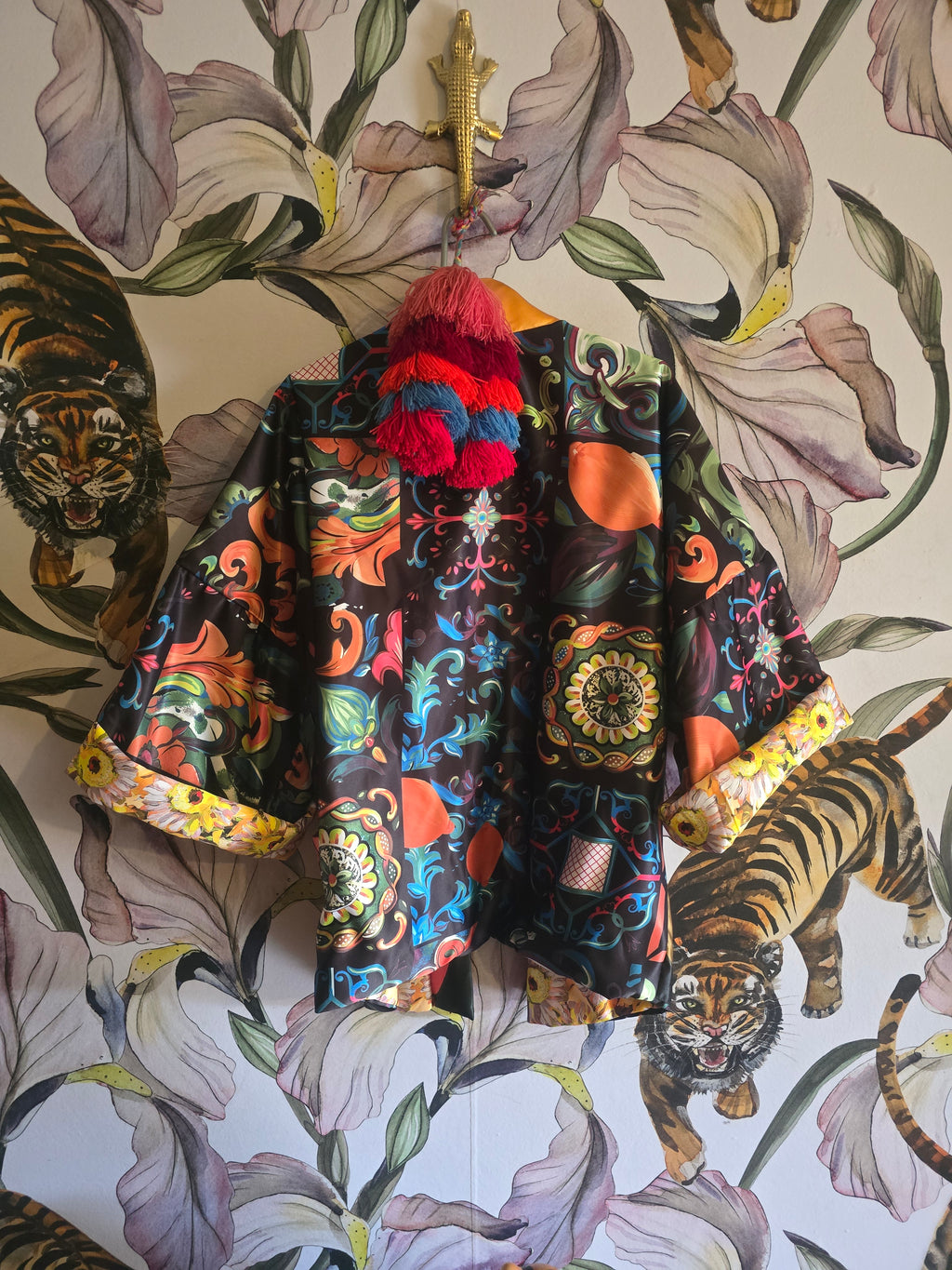The ELECTRIC JUNGLE & DAISY FULLY REVERSIBLE BOMBER IN DUCHESS SATIN