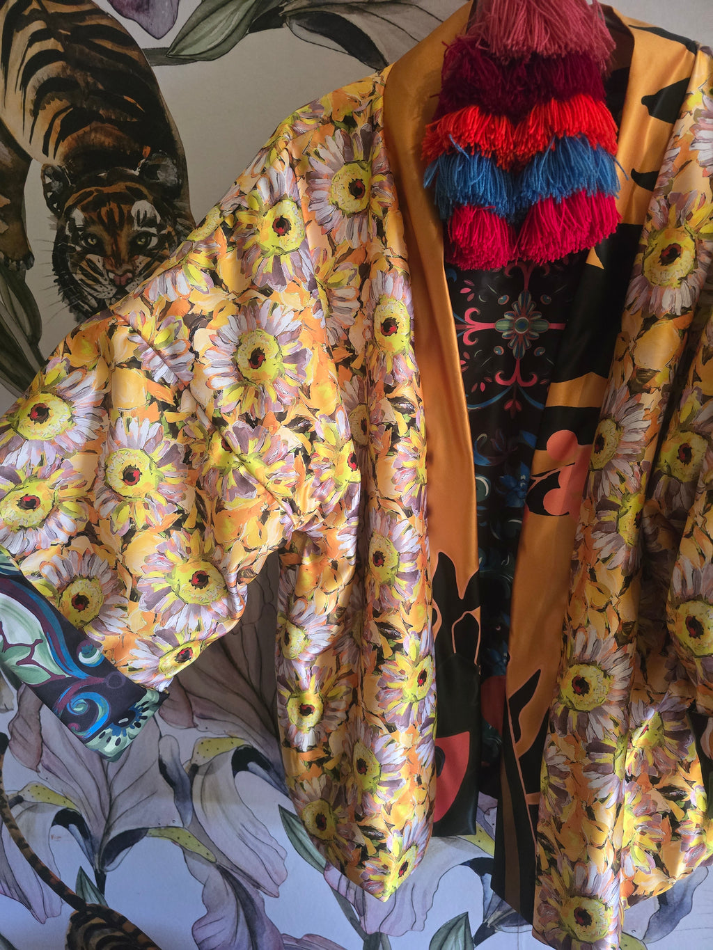 The ELECTRIC JUNGLE & DAISY FULLY REVERSIBLE BOMBER IN DUCHESS SATIN