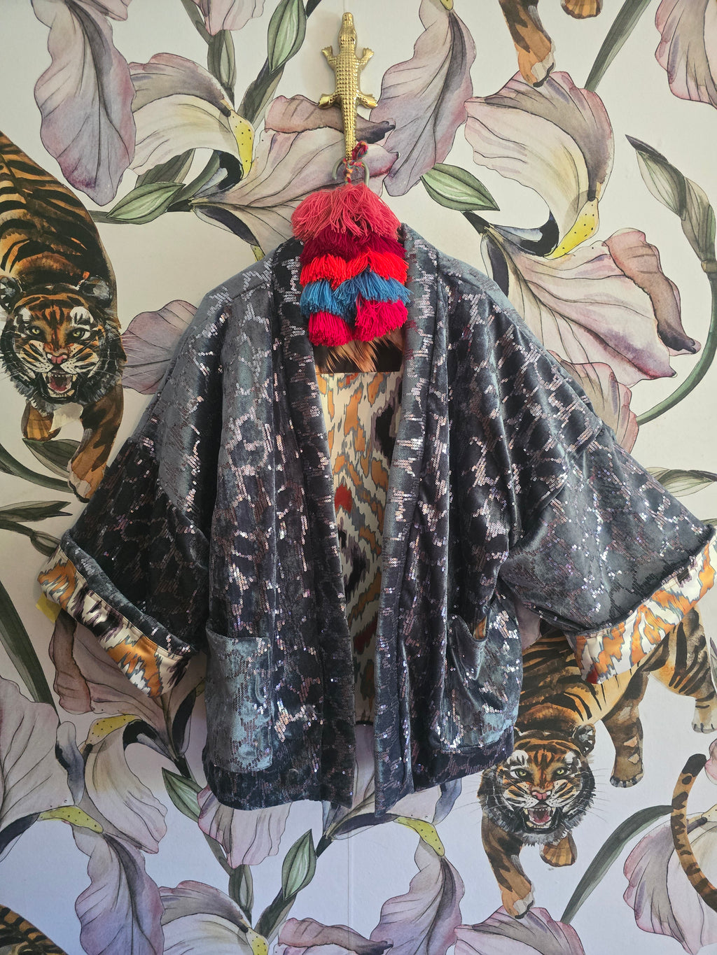 The SEQUINS BLUE & IKAT REVERSIBLE BOMBER