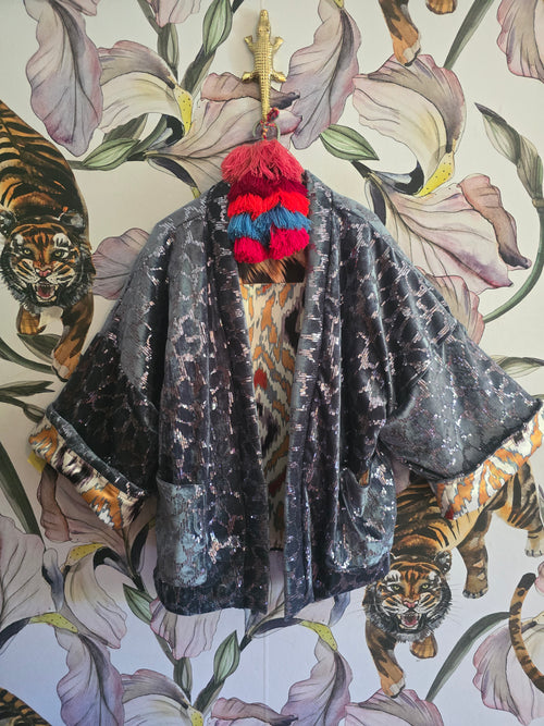 The SEQUINS BLUE & IKAT REVERSIBLE BOMBER