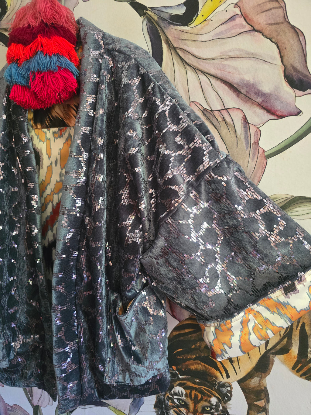 The SEQUINS BLUE & IKAT REVERSIBLE BOMBER