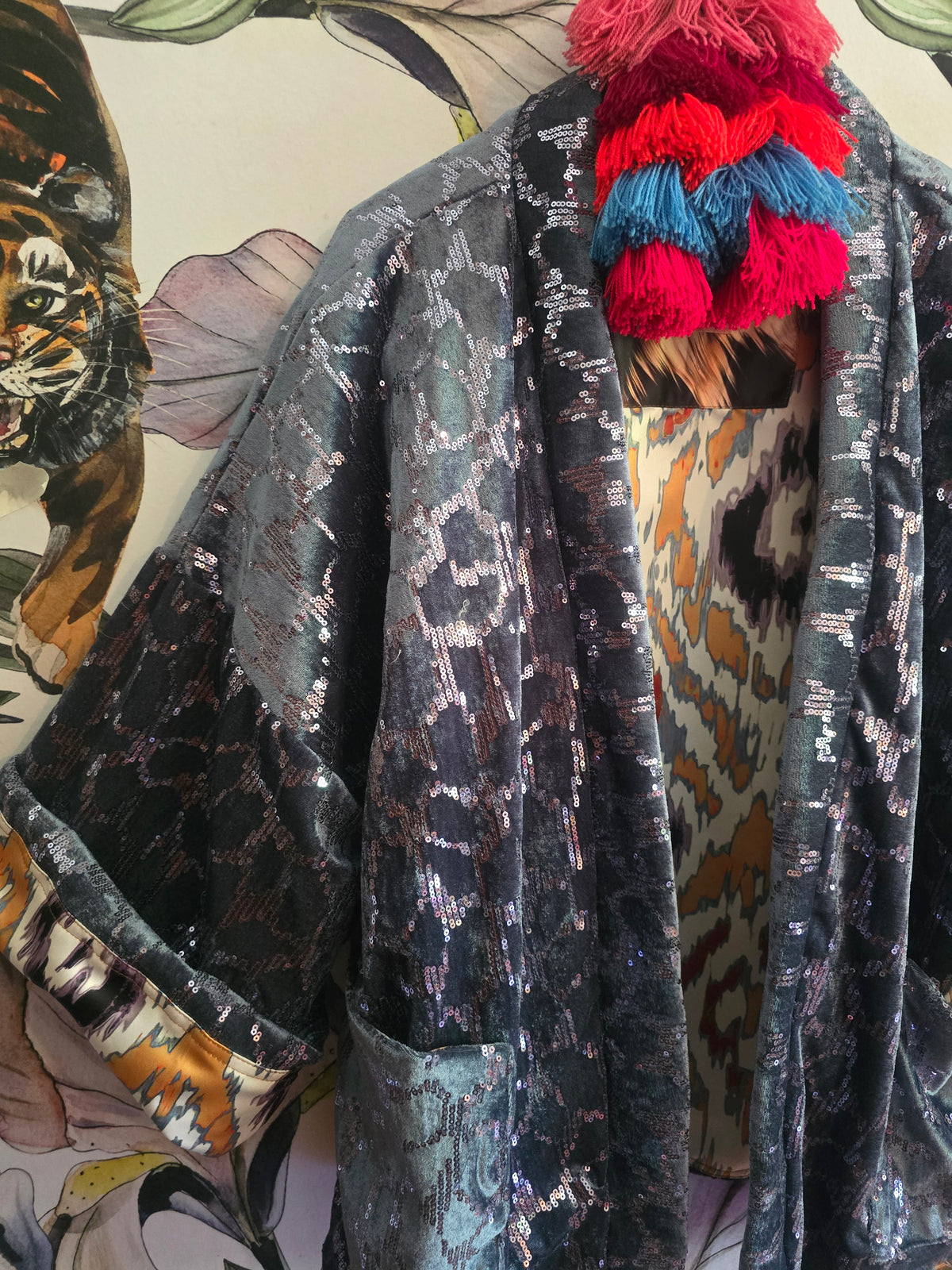 The SEQUINS BLUE & IKAT REVERSIBLE BOMBER