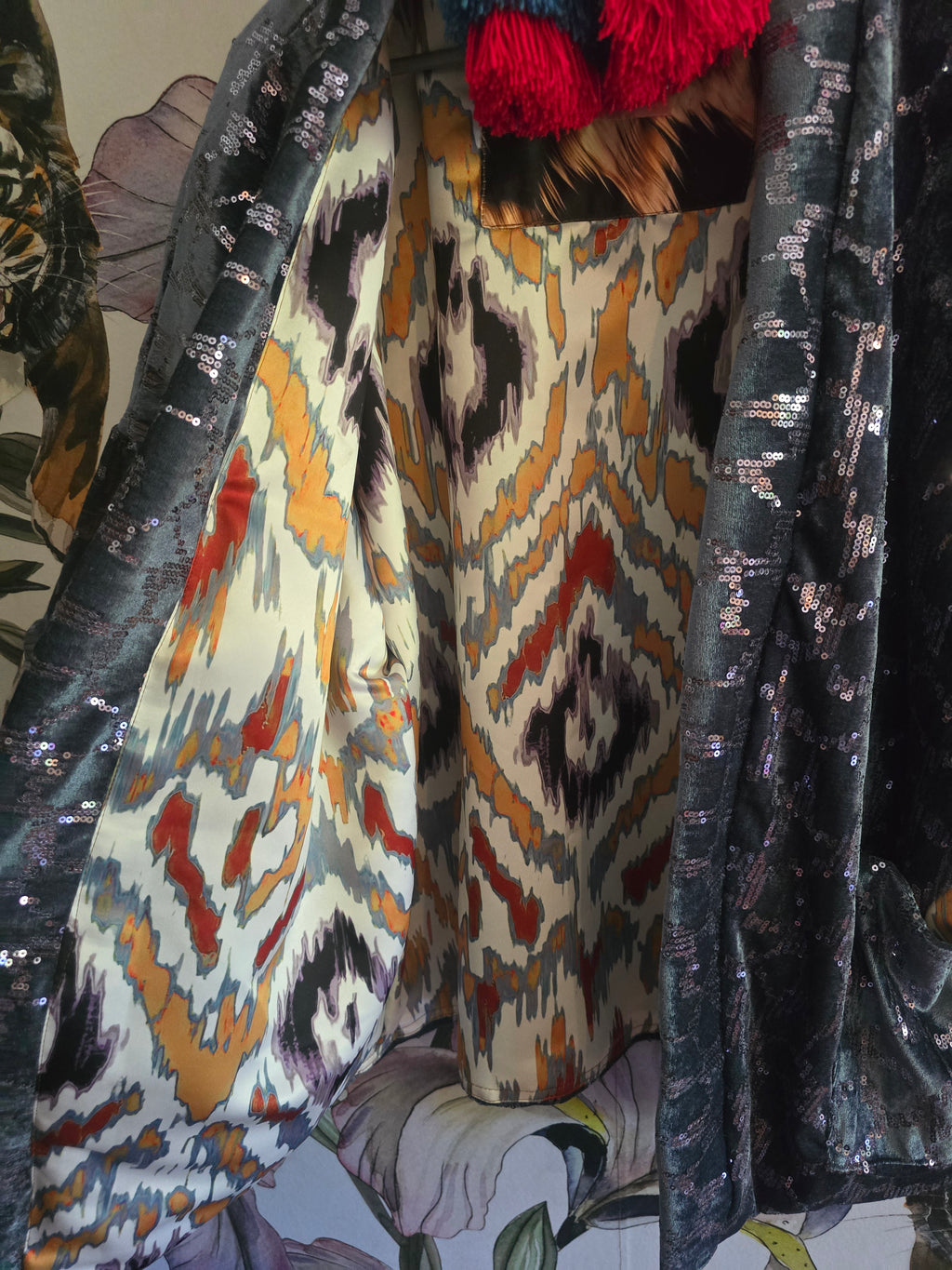 The SEQUINS BLUE & IKAT REVERSIBLE BOMBER