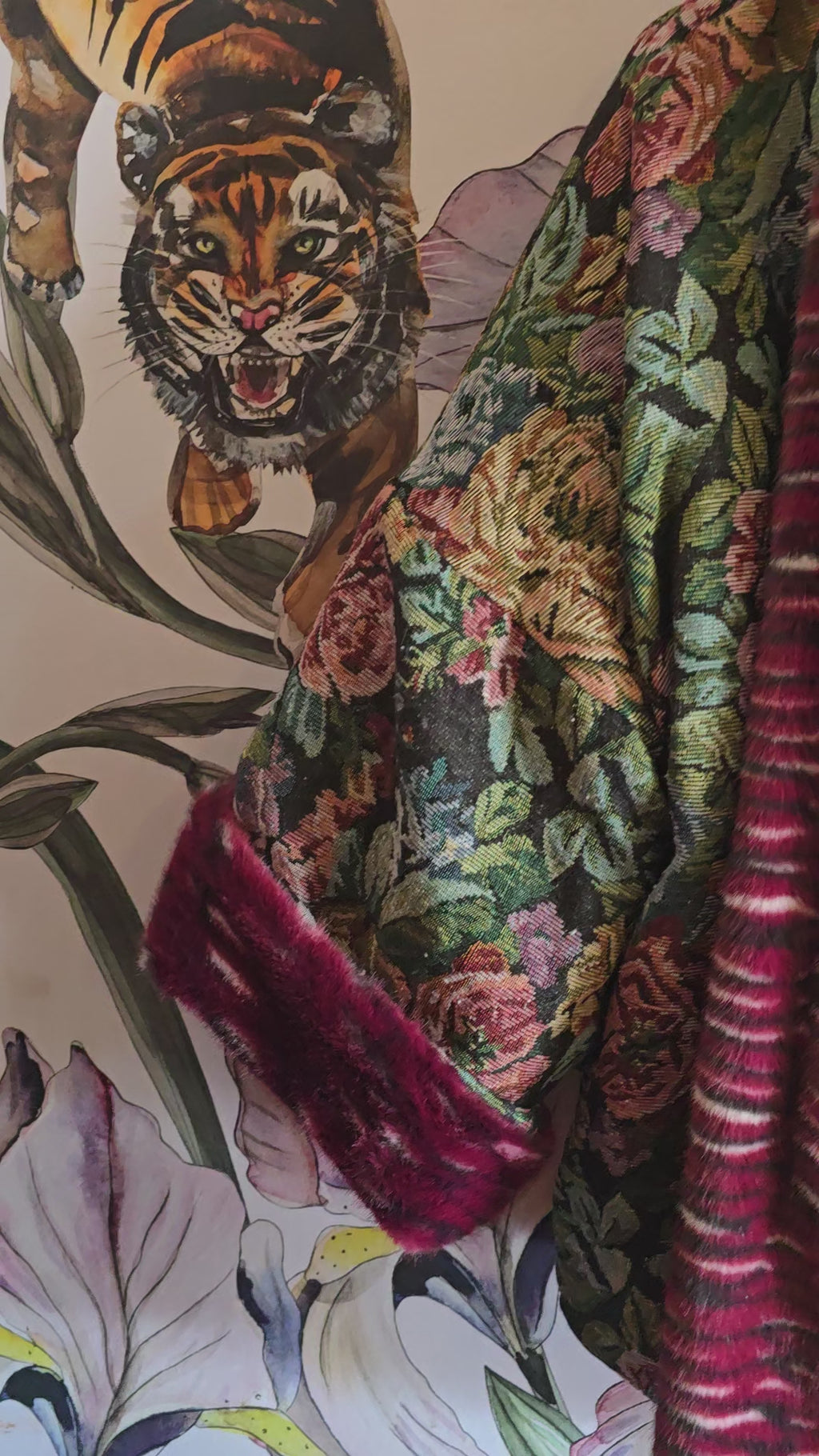 The MARIE ANTOINETTE TAPESTRY & FAUX FUR FULLY REVERSIBLE JACKET IN MAROON.