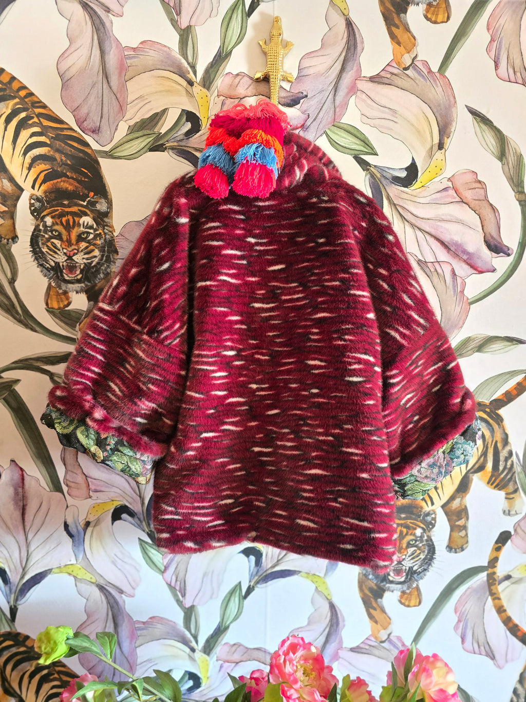 The MARIE ANTOINETTE TAPESTRY & FAUX FUR FULLY REVERSIBLE JACKET IN MAROON.