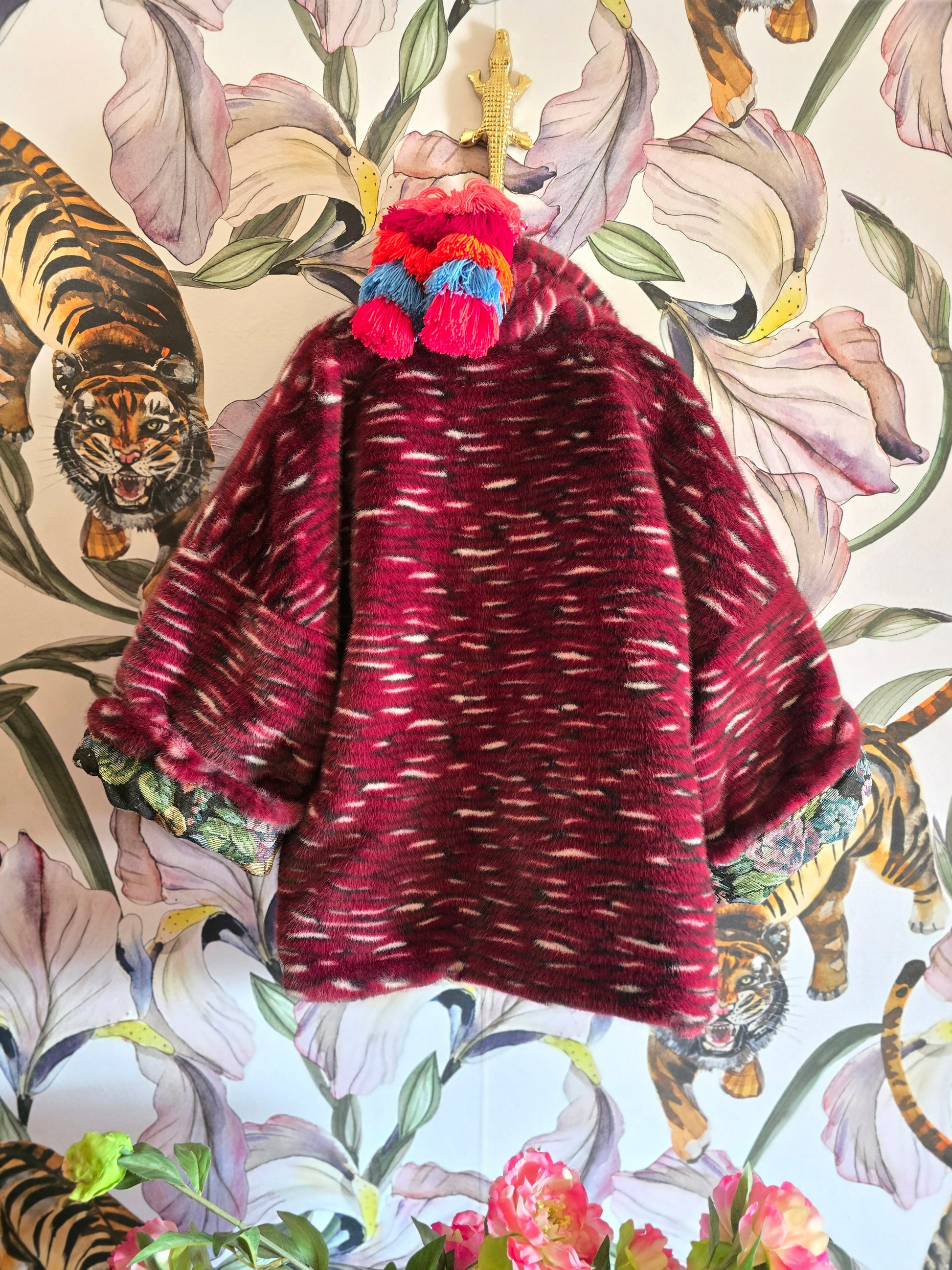 The MARIE ANTOINETTE TAPESTRY & FAUX FUR FULLY REVERSIBLE JACKET IN MAROON.