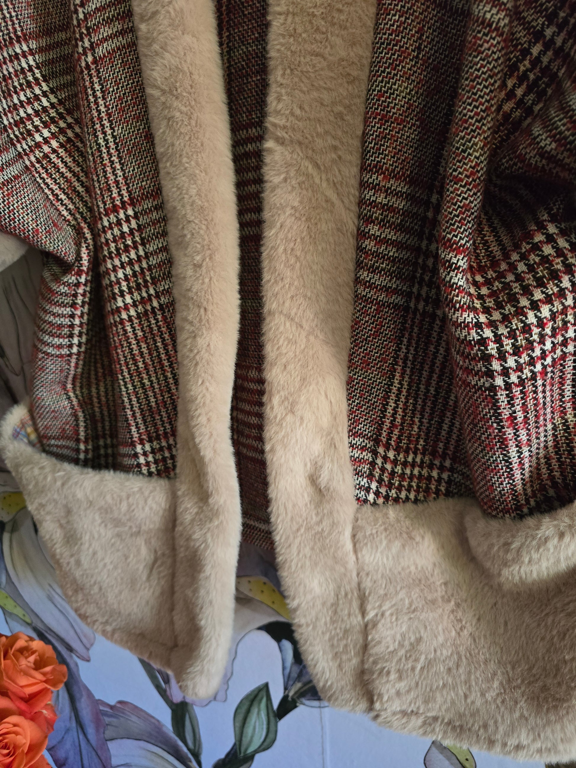 The TAMMY RED TARTAN BOHO SLEEVELESS JACKET WITH FAUX FUR