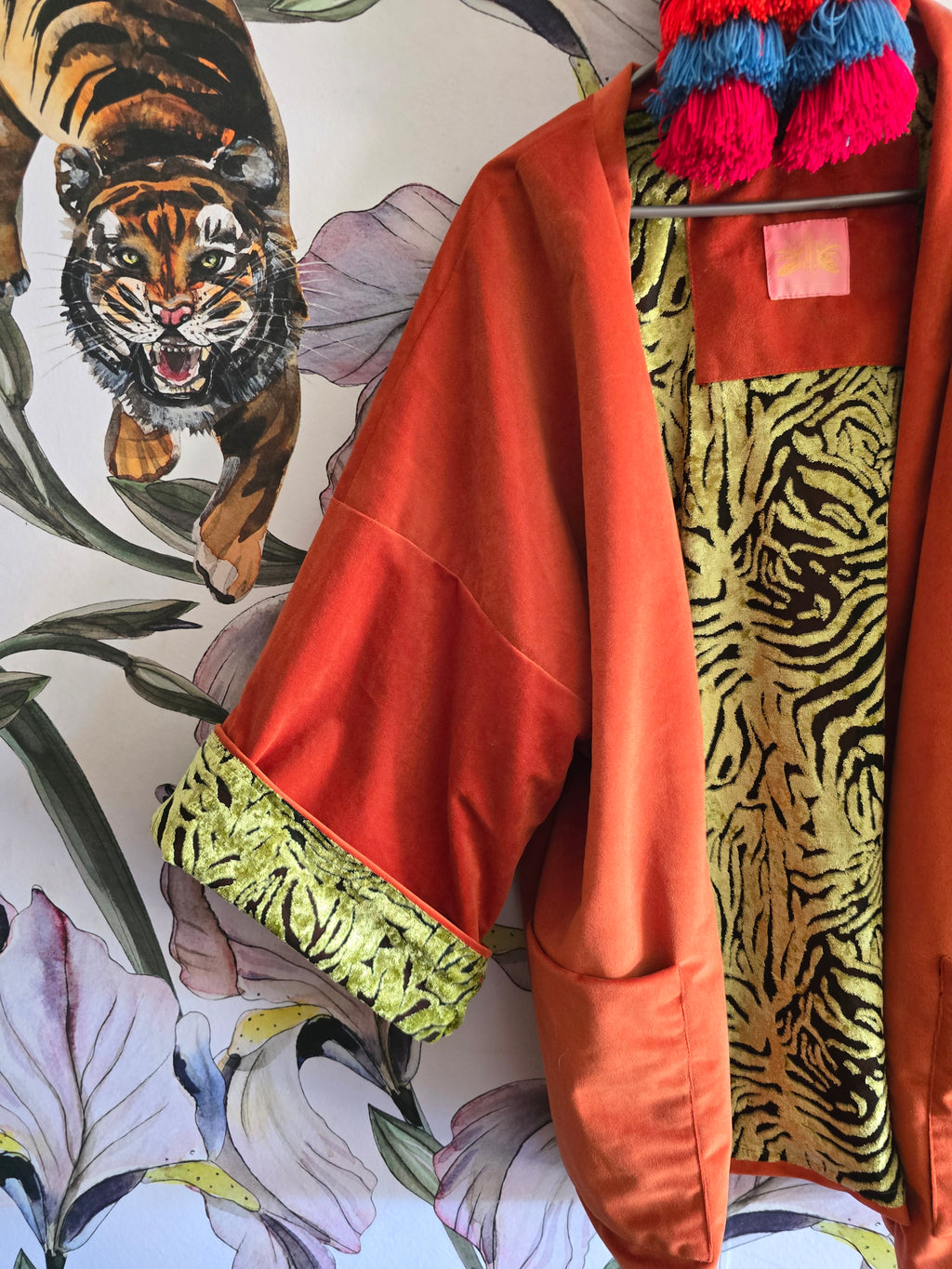 The ORIENTAL CUT OUT VELVET WITH ORANGE REVERSE KIMONO JACKET