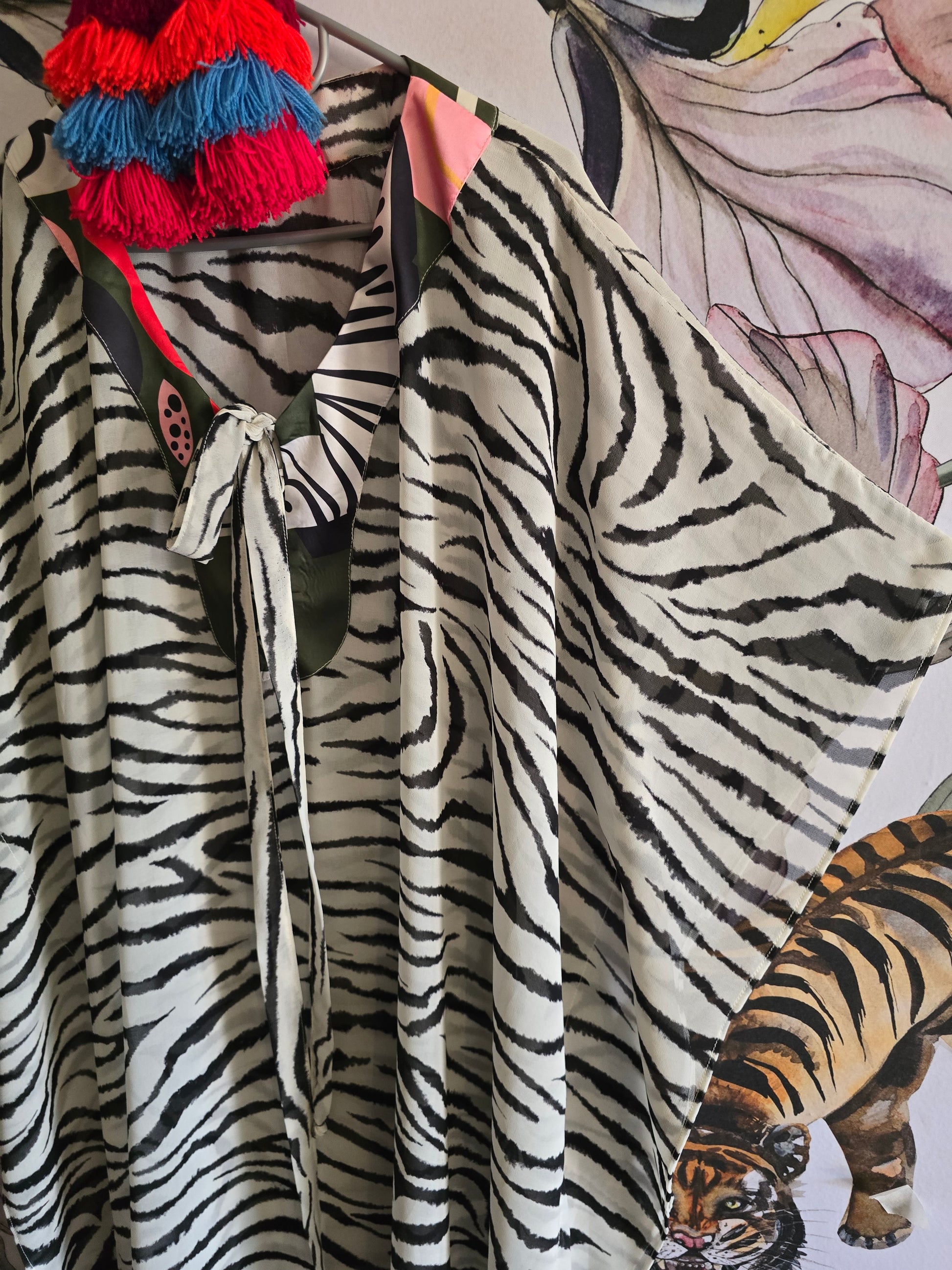 The ZEBRA BLACK & WHITE CHIFFON KAFTAN WITH TIE DETAIL