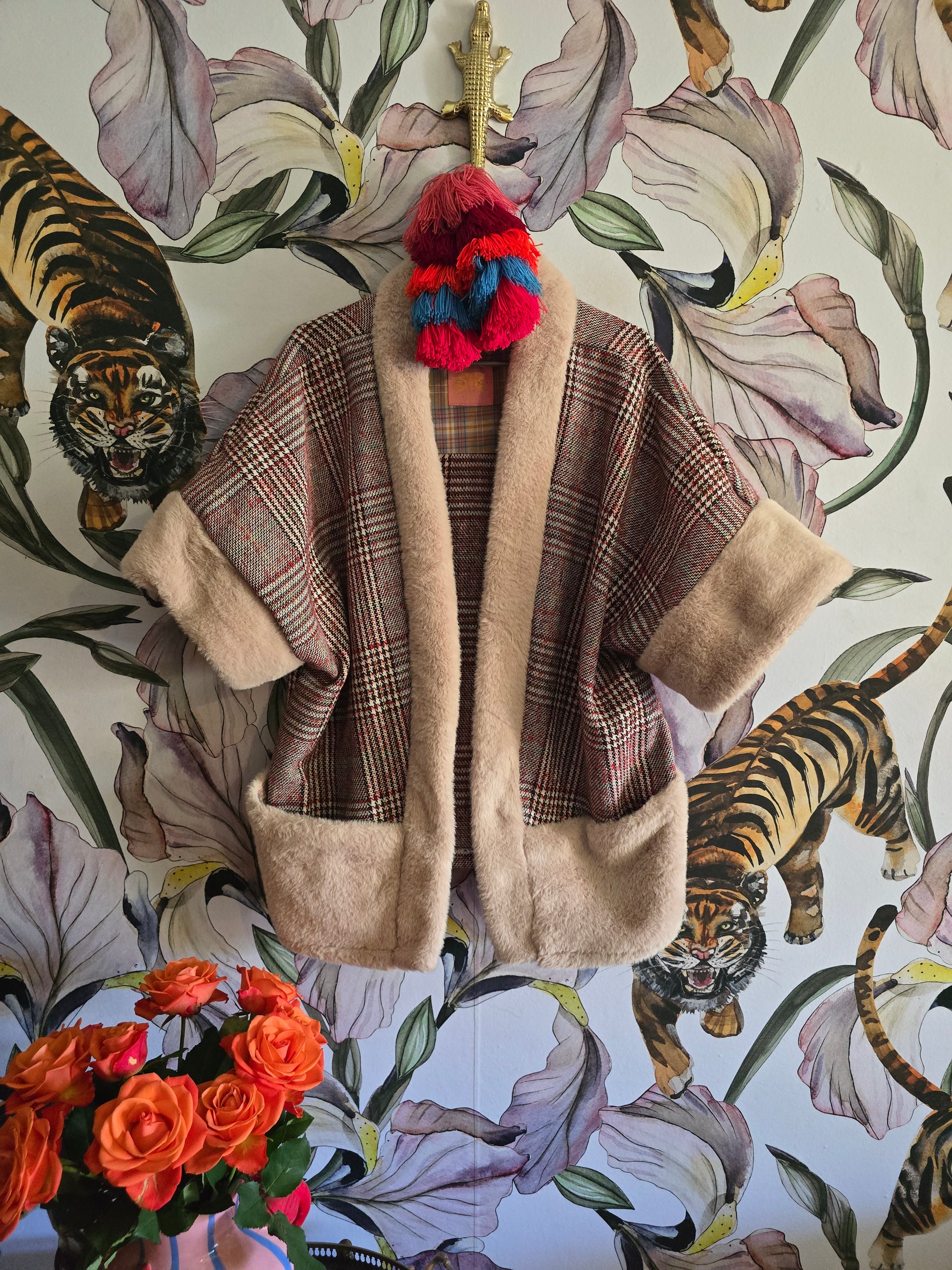 The TAMMY RED TARTAN BOHO SLEEVELESS JACKET WITH FAUX FUR