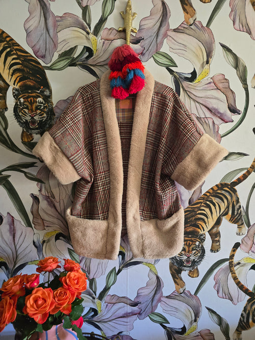 The TAMMY RED TARTAN BOHO SLEEVELESS JACKET WITH FAUX FUR