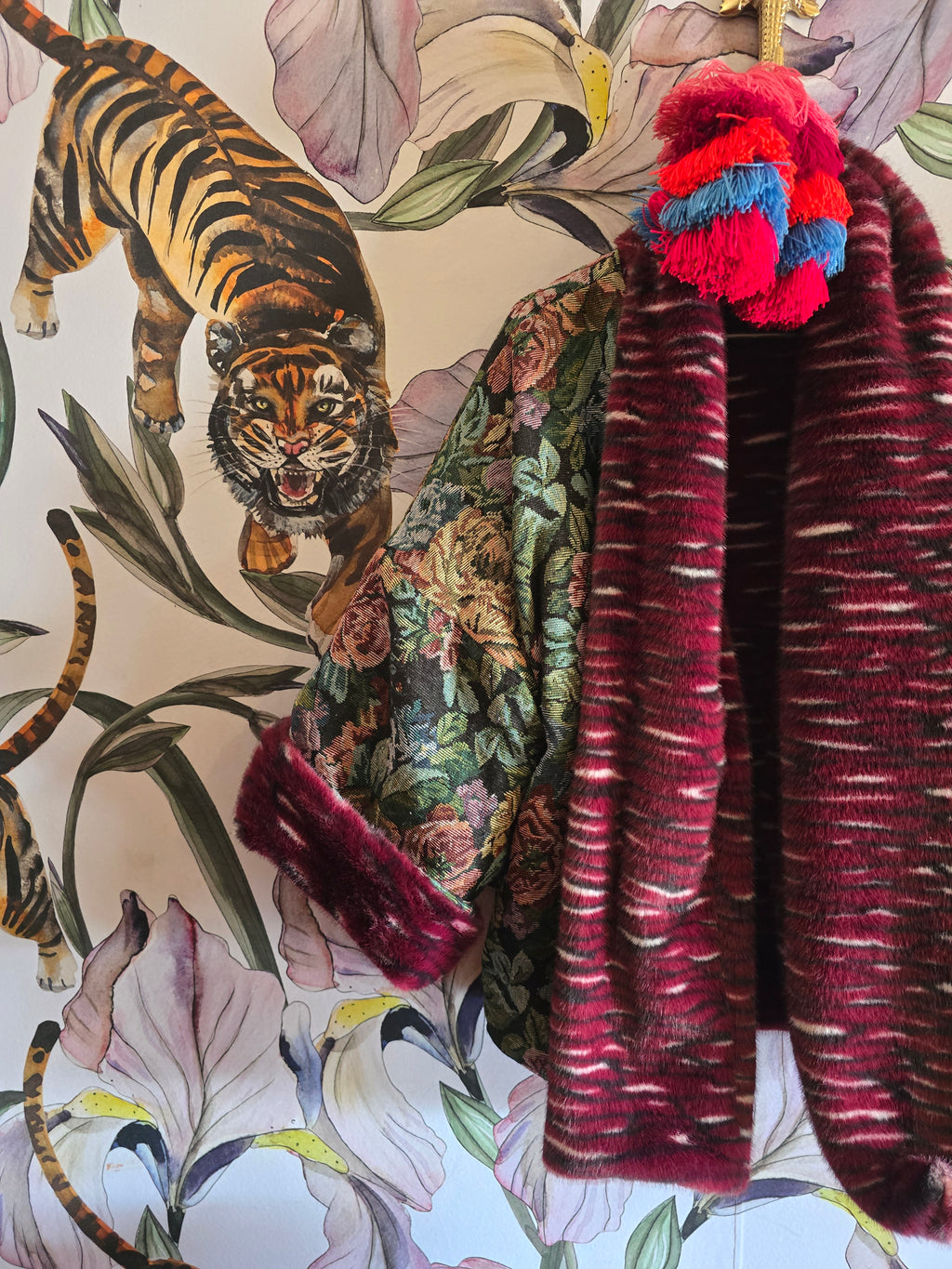 The MARIE ANTOINETTE TAPESTRY & FAUX FUR FULLY REVERSIBLE JACKET IN MAROON.