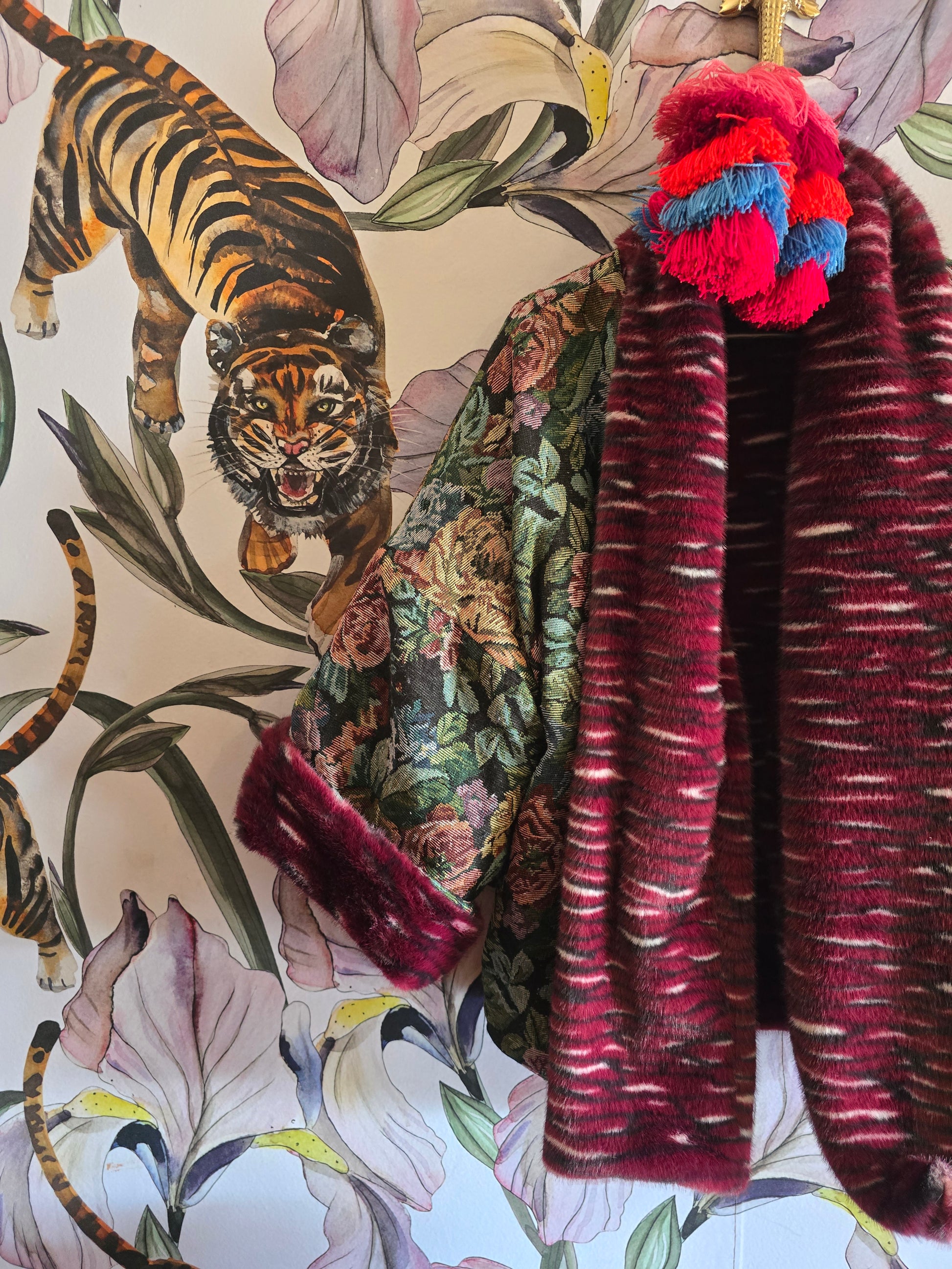 The MARIE ANTOINETTE TAPESTRY & FAUX FUR FULLY REVERSIBLE JACKET IN MAROON.