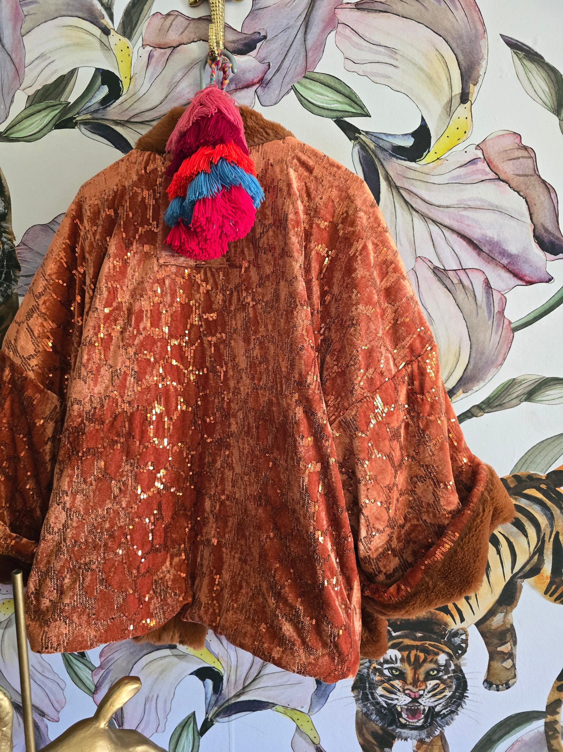 The SEQUINS & RUST FAUX FUR FULLY REVERSIBLE JACKET