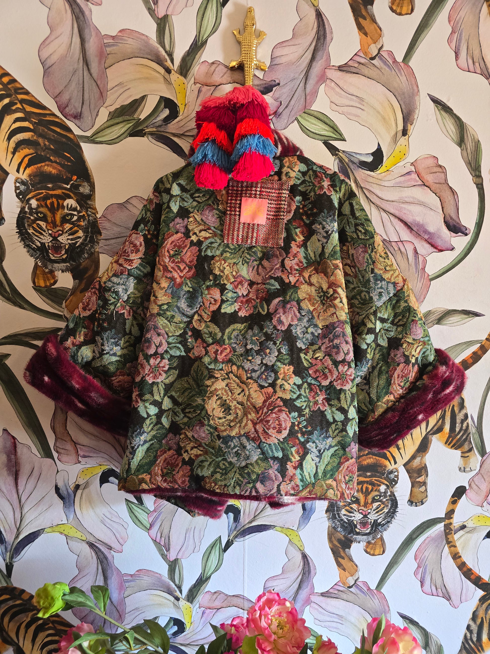 The MARIE ANTOINETTE TAPESTRY & FAUX FUR FULLY REVERSIBLE JACKET IN MAROON.