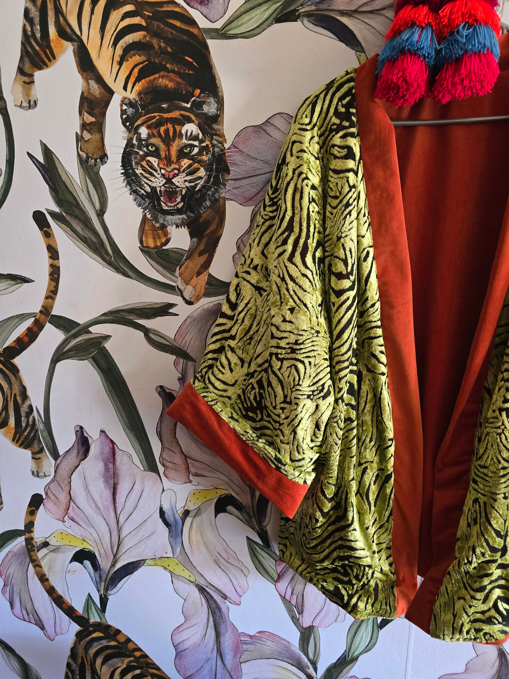 The ORIENTAL CUT OUT VELVET WITH ORANGE REVERSE KIMONO JACKET