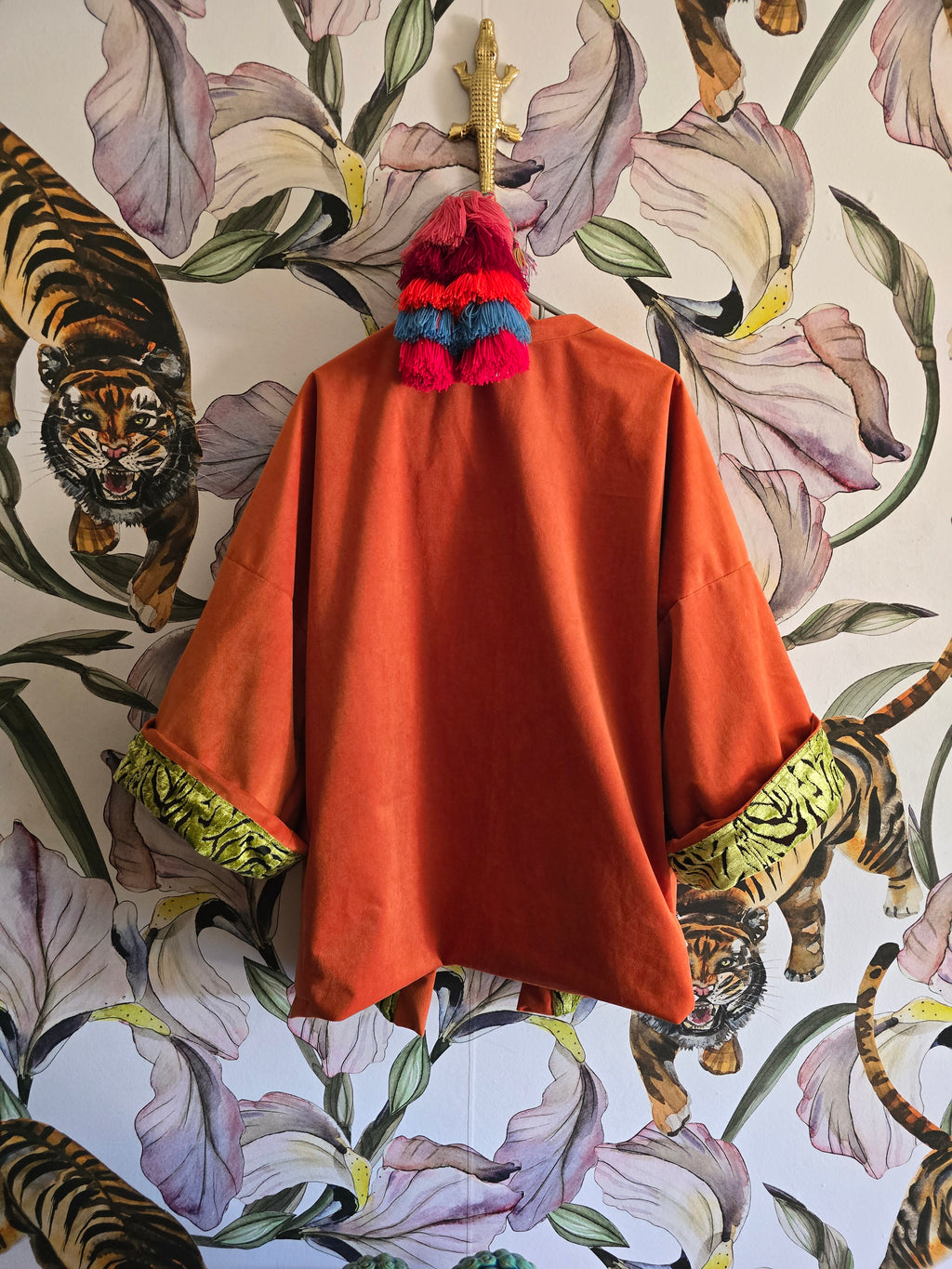 The ORIENTAL CUT OUT VELVET WITH ORANGE REVERSE KIMONO JACKET