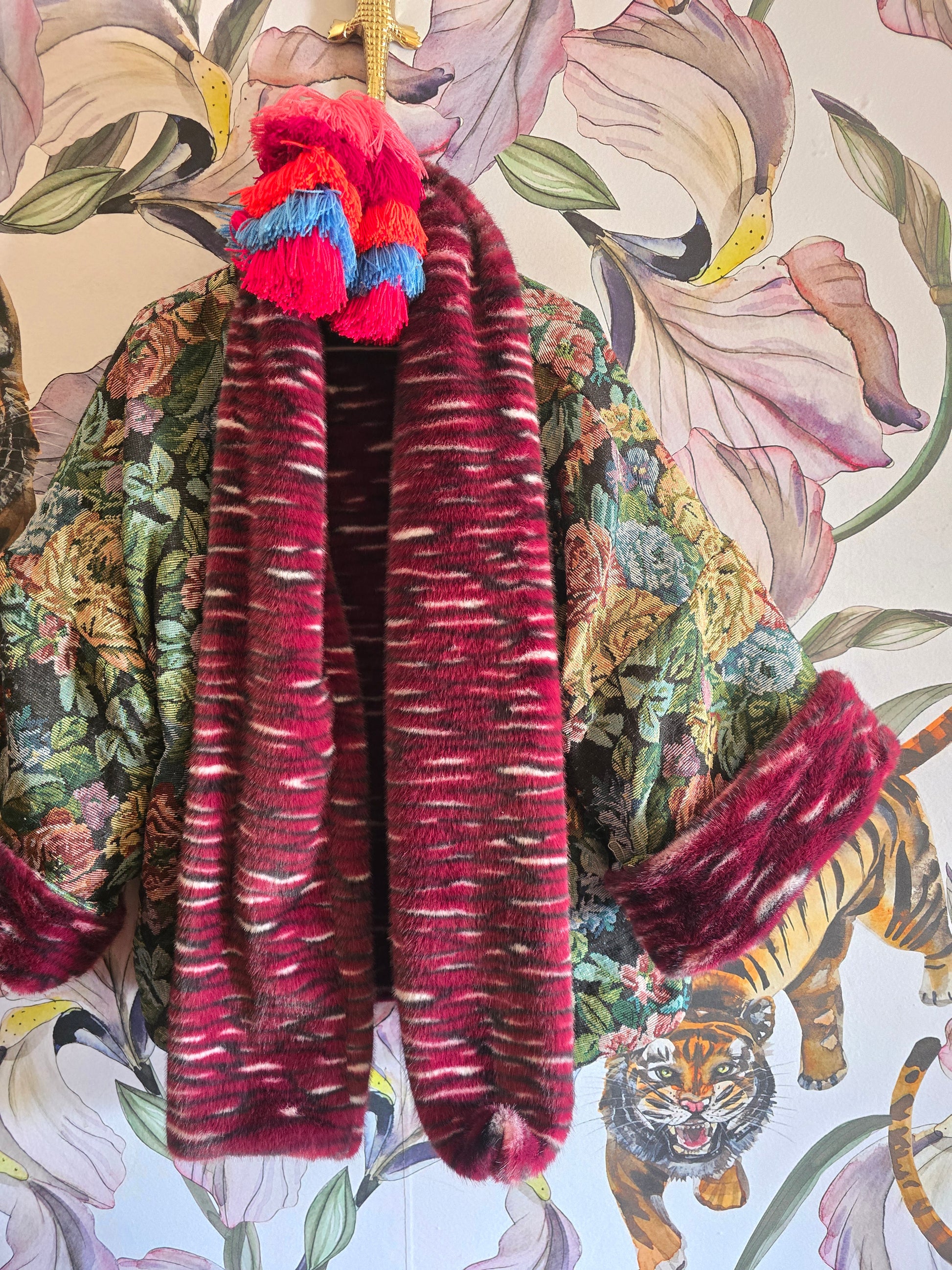 The MARIE ANTOINETTE TAPESTRY & FAUX FUR FULLY REVERSIBLE JACKET IN MAROON.