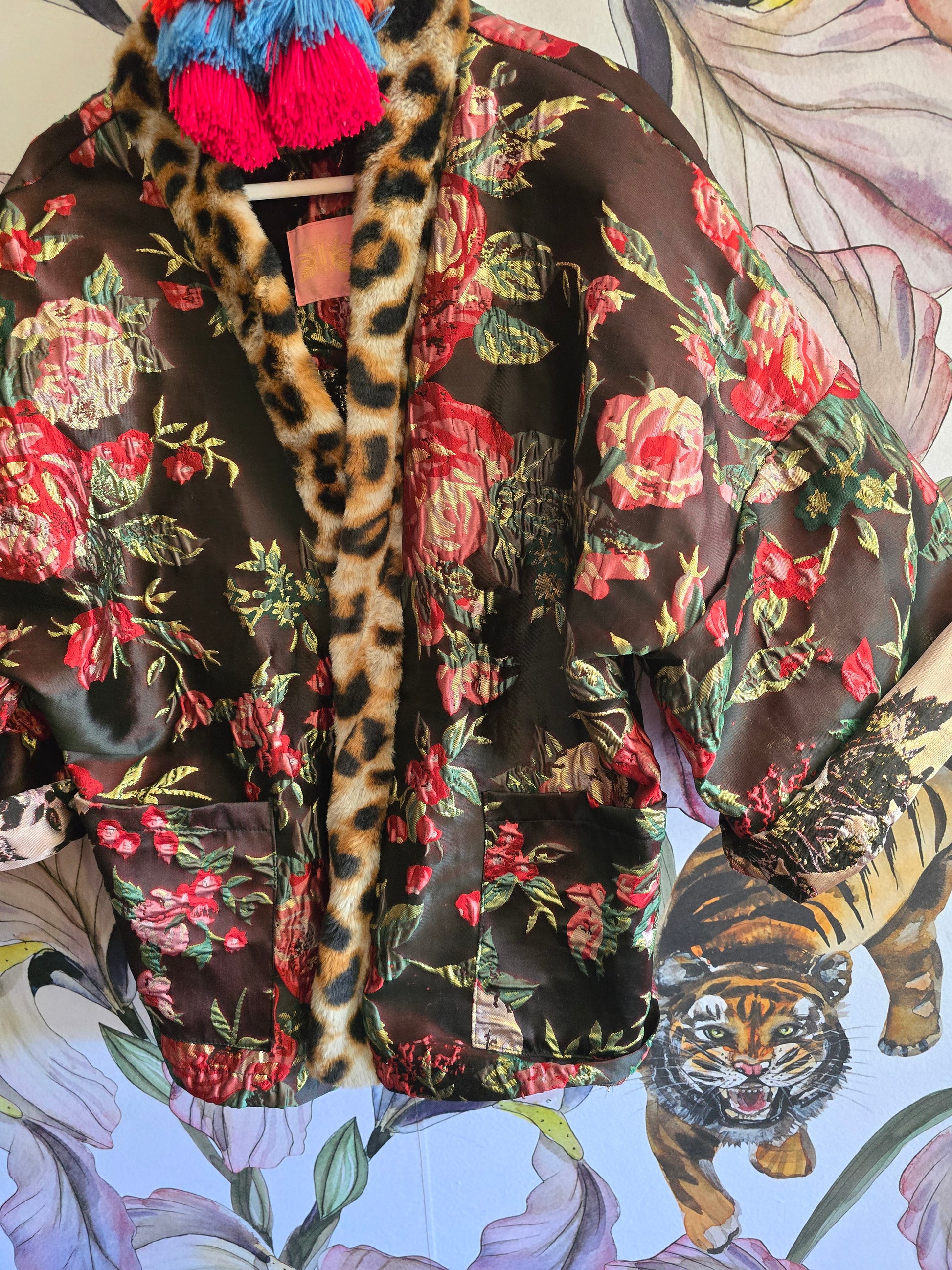 The DOLCÈ brocade rose & gold jacket with faux fur leopard