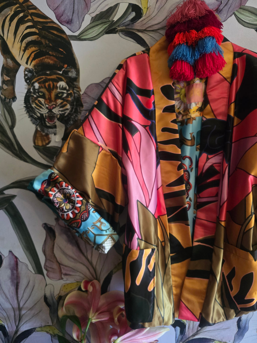The ELECTRIC JUNGLE FULLY REVERSIBLE DUCHESS SATIN BOMBER