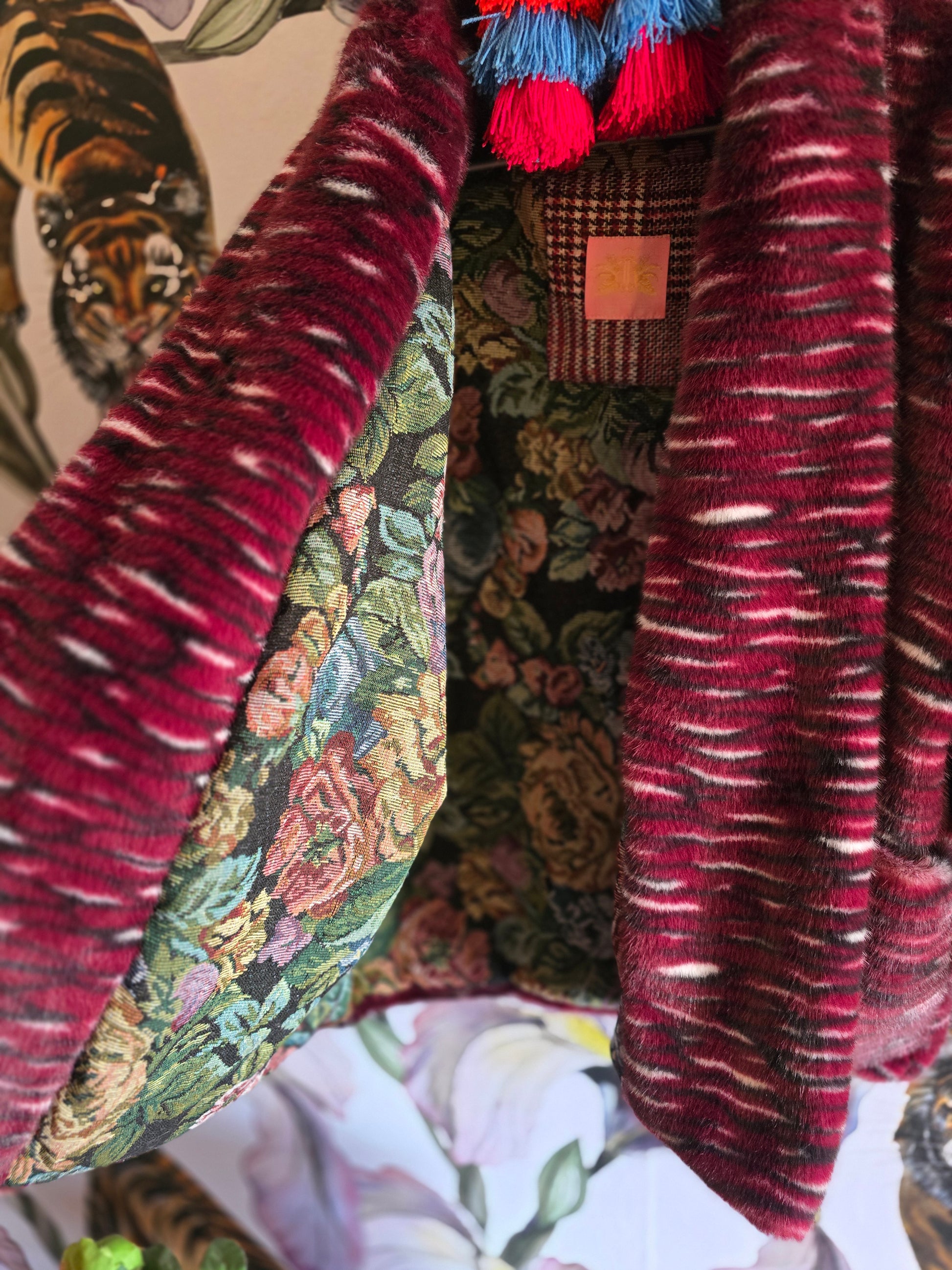 The MARIE ANTOINETTE TAPESTRY & FAUX FUR FULLY REVERSIBLE JACKET IN MAROON.