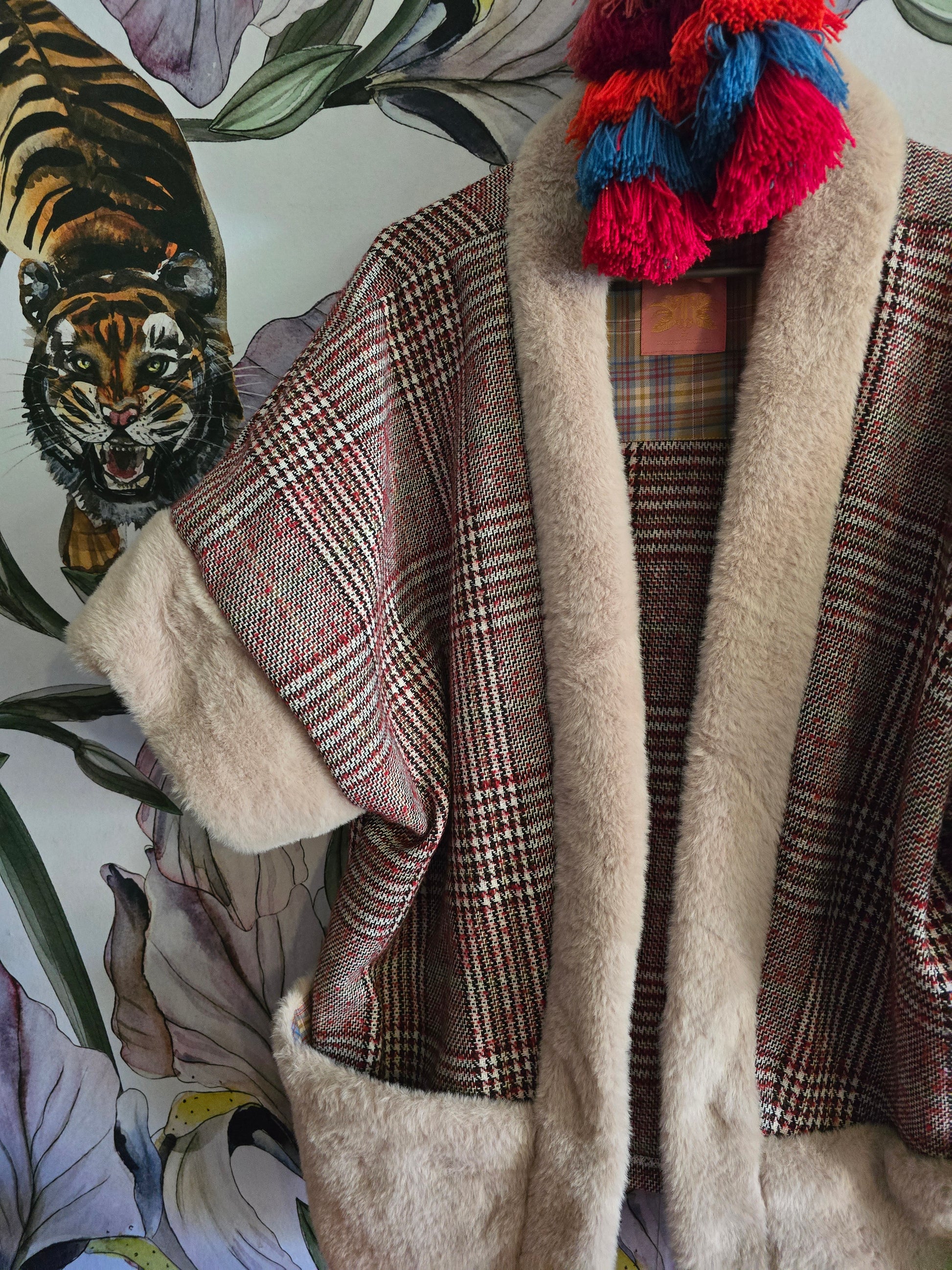 The TAMMY RED TARTAN BOHO SLEEVELESS JACKET WITH FAUX FUR