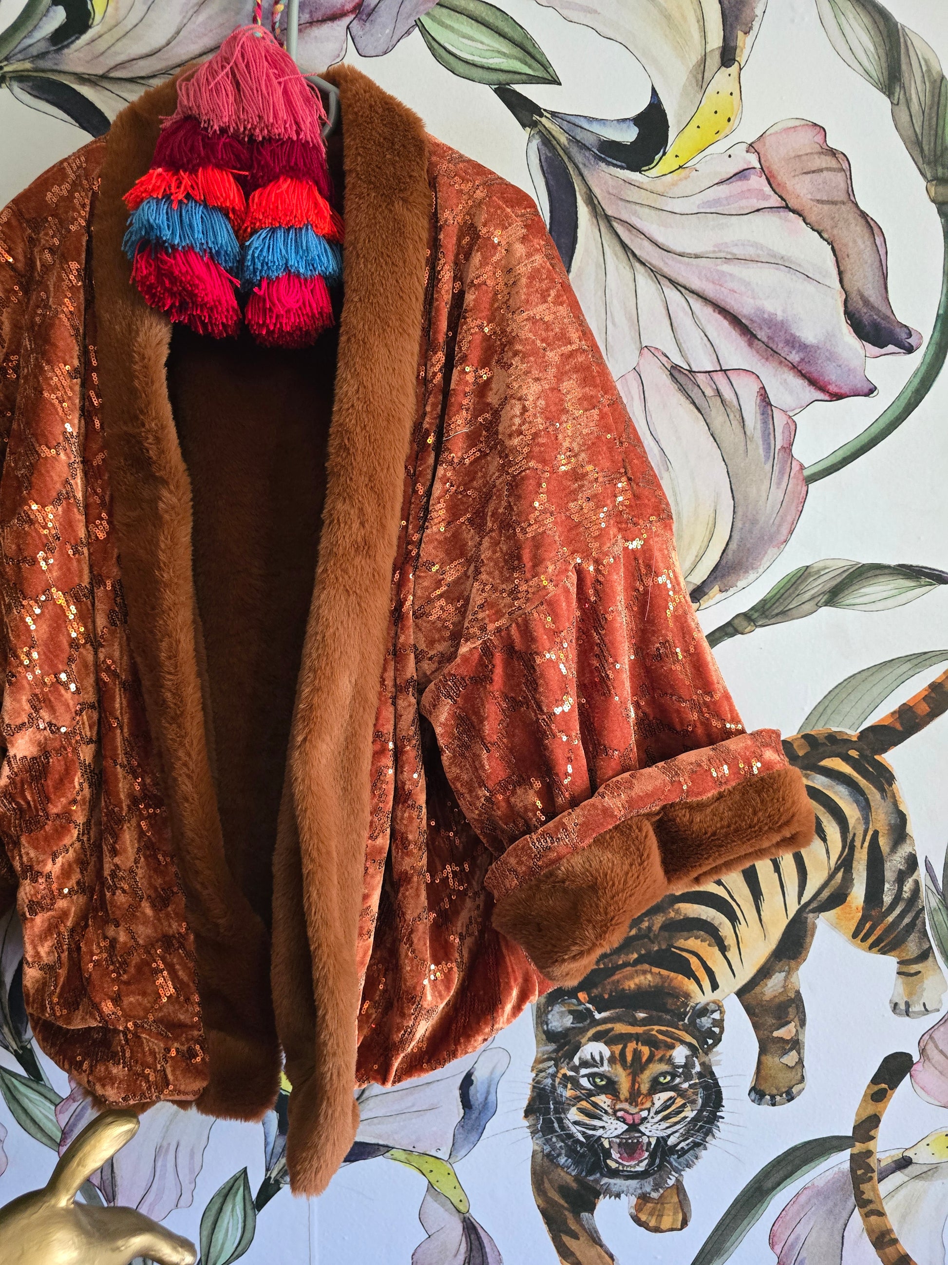 The SEQUINS & RUST FAUX FUR FULLY REVERSIBLE JACKET