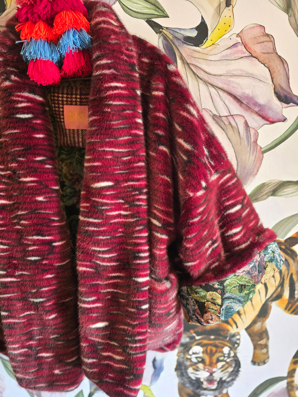 The MARIE ANTOINETTE TAPESTRY & FAUX FUR FULLY REVERSIBLE JACKET IN MAROON.