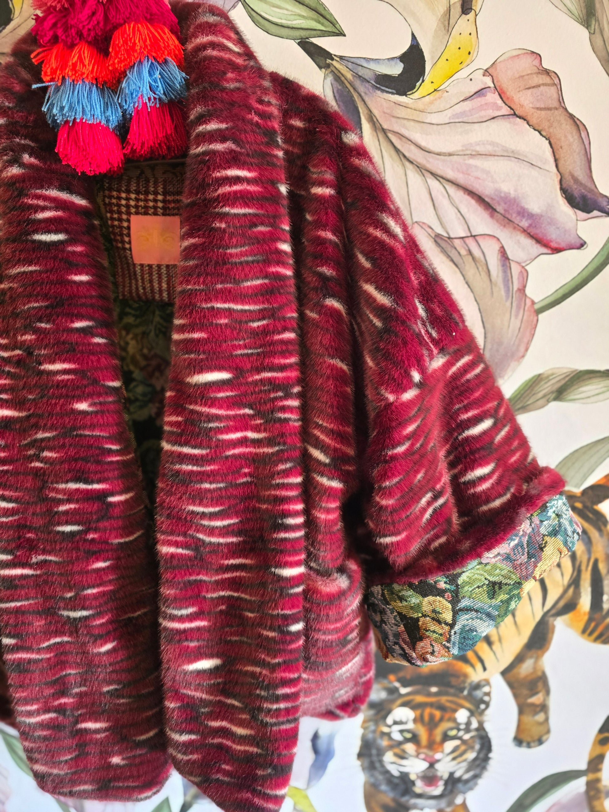 The MARIE ANTOINETTE TAPESTRY & FAUX FUR FULLY REVERSIBLE JACKET IN MAROON.