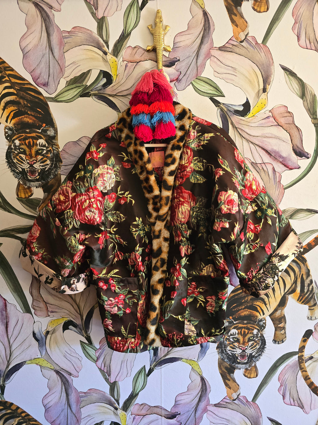 The DOLCÈ brocade rose & gold jacket with faux fur leopard