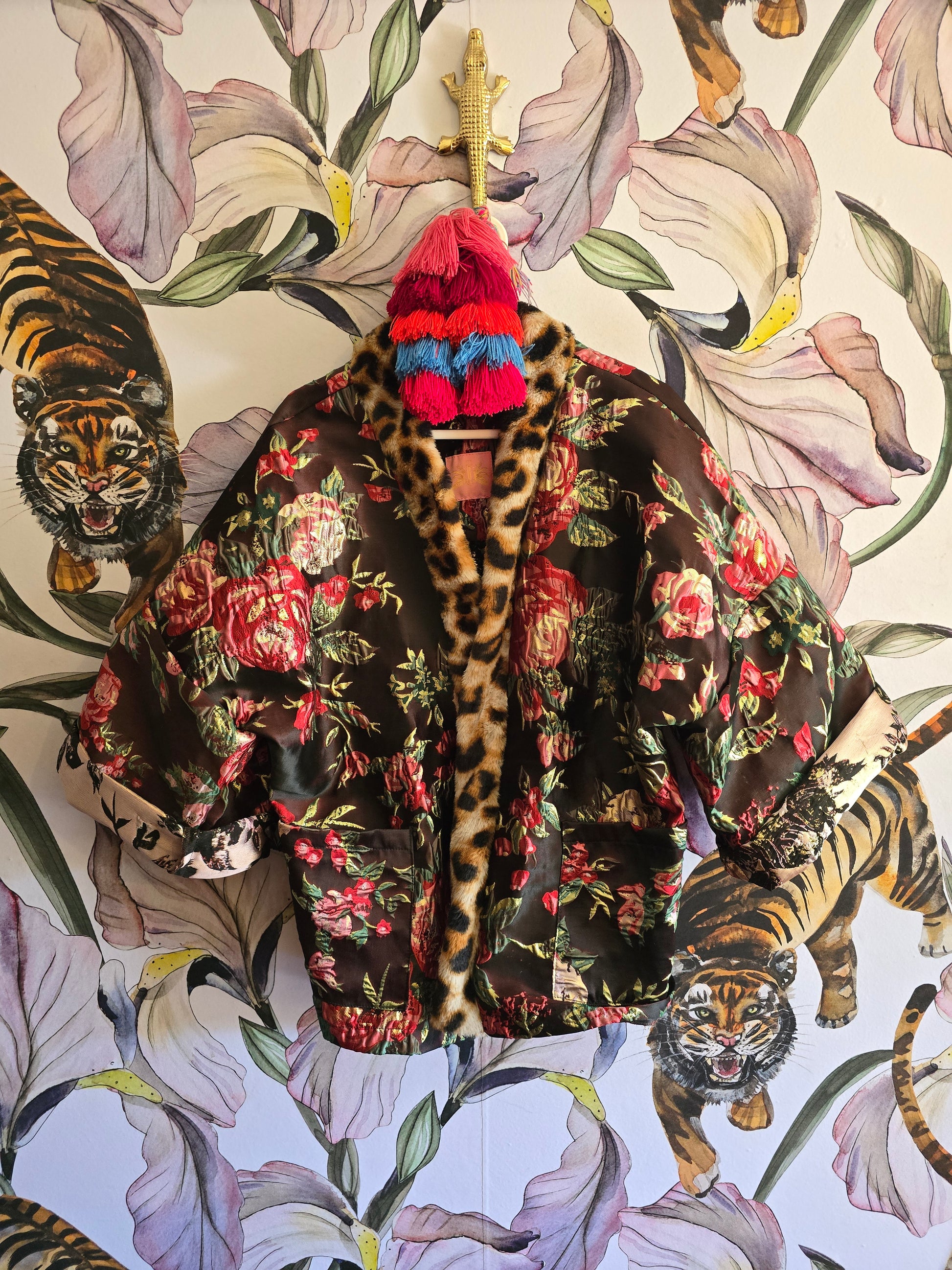 The DOLCÈ brocade rose & gold jacket with faux fur leopard