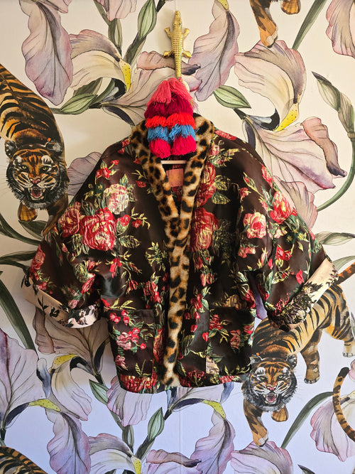 The DOLCÈ brocade rose & gold jacket with faux fur leopard