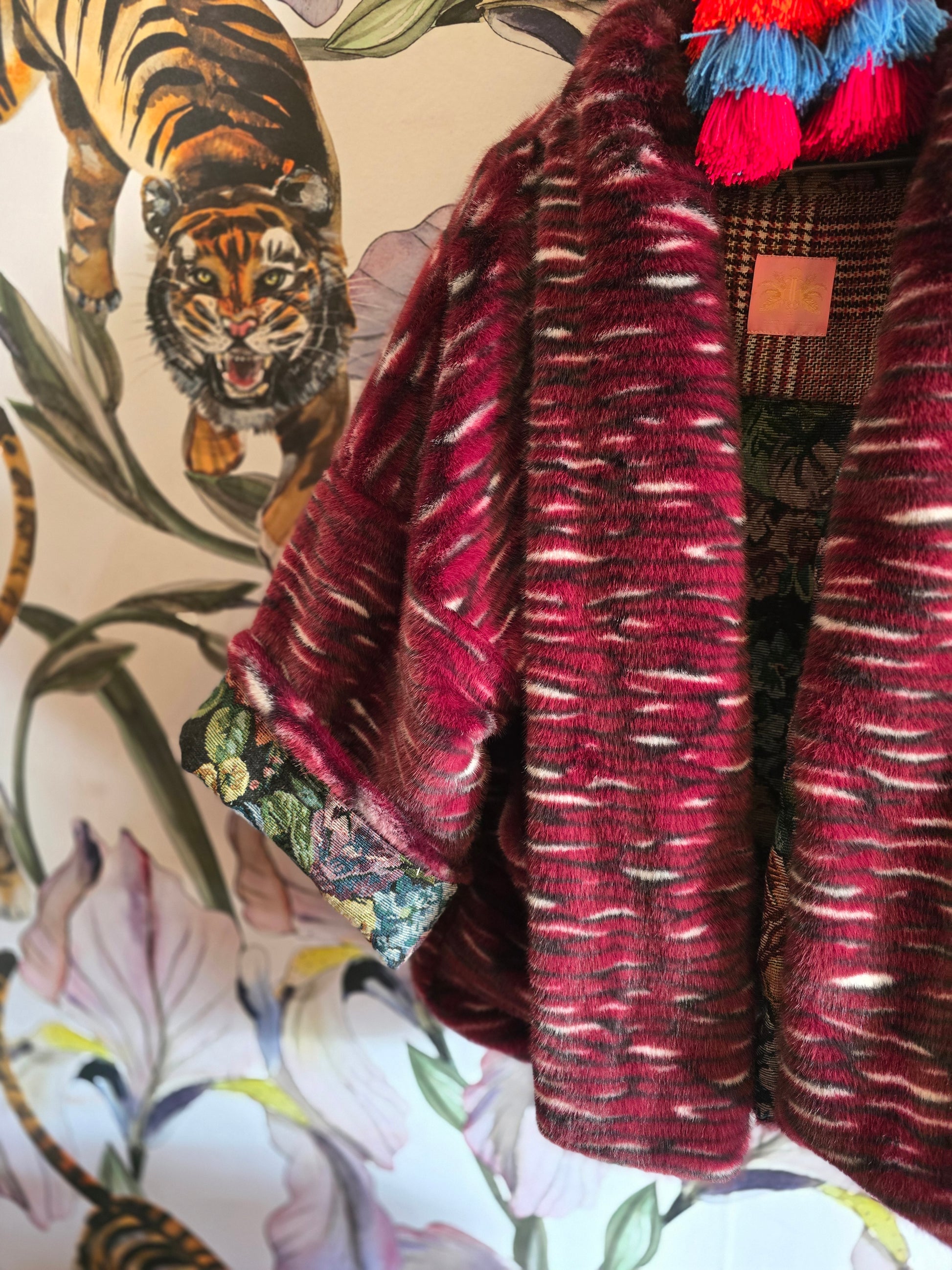 The MARIE ANTOINETTE TAPESTRY & FAUX FUR FULLY REVERSIBLE JACKET IN MAROON.