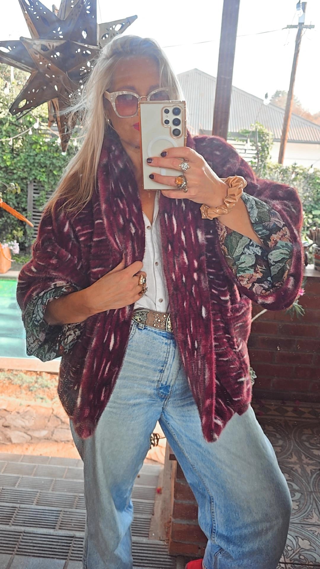The MARIE ANTOINETTE TAPESTRY & FAUX FUR FULLY REVERSIBLE JACKET IN MAROON.
