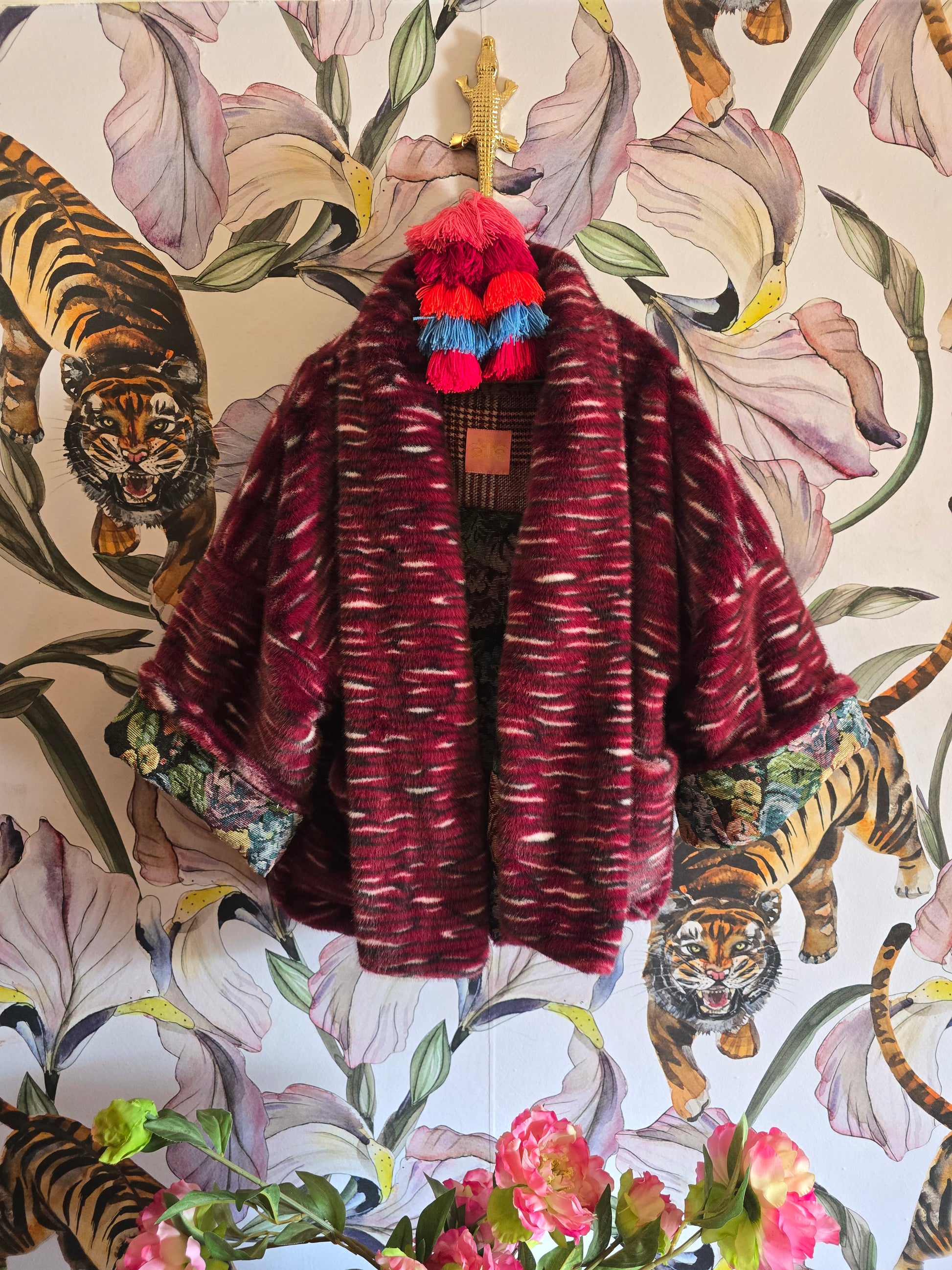 The MARIE ANTOINETTE TAPESTRY & FAUX FUR FULLY REVERSIBLE JACKET IN MAROON.