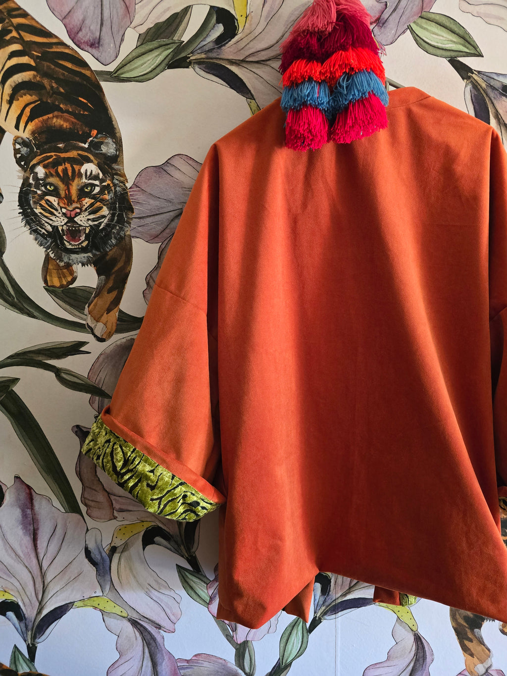 The ORIENTAL CUT OUT VELVET WITH ORANGE REVERSE KIMONO JACKET