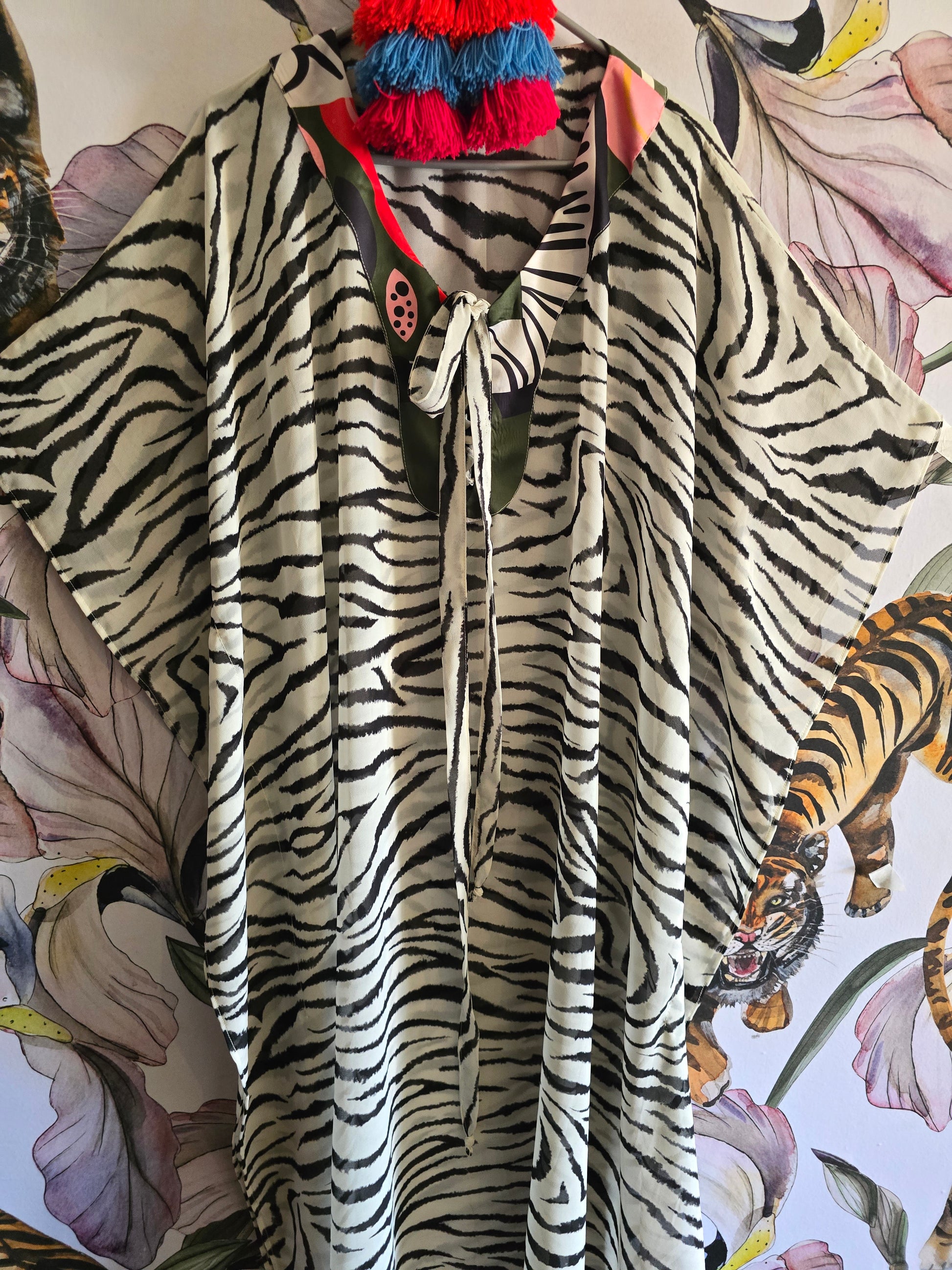 The ZEBRA BLACK & WHITE CHIFFON KAFTAN WITH TIE DETAIL