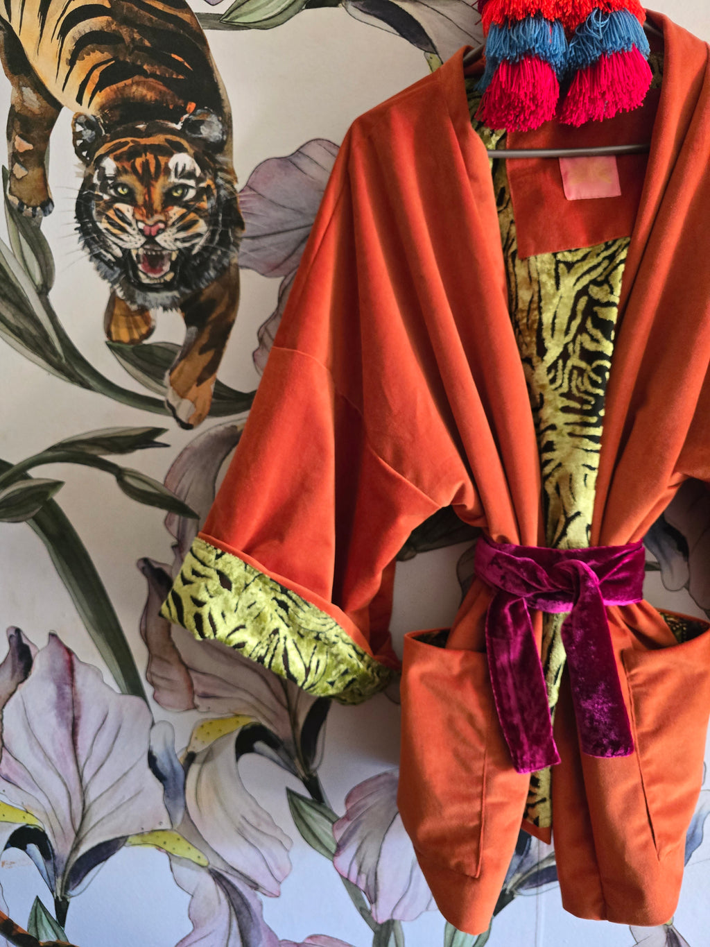 The ORIENTAL CUT OUT VELVET WITH ORANGE REVERSE KIMONO JACKET