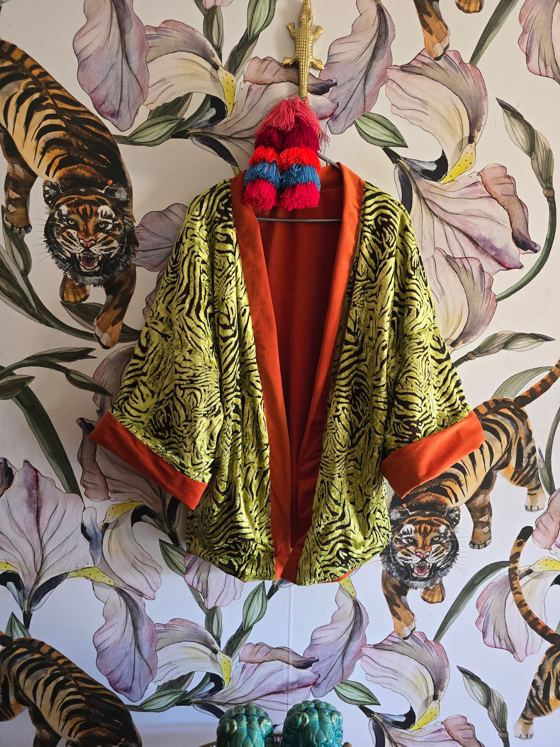 The ORIENTAL CUT OUT VELVET WITH ORANGE REVERSE KIMONO JACKET