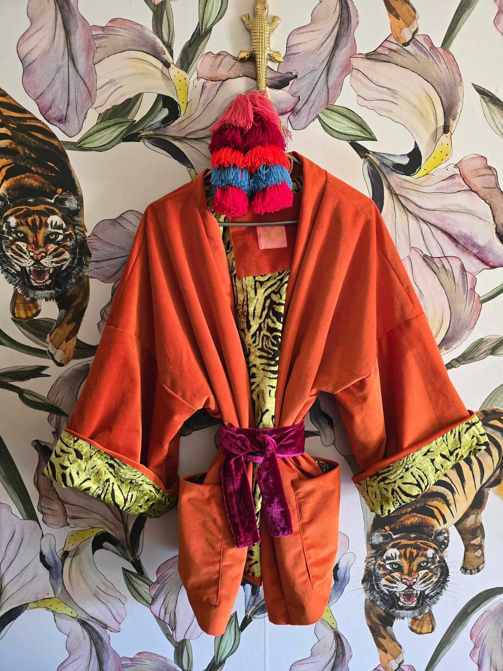 The ORIENTAL CUT OUT VELVET WITH ORANGE REVERSE KIMONO JACKET