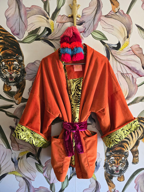 The ORIENTAL CUT OUT VELVET WITH ORANGE REVERSE KIMONO JACKET