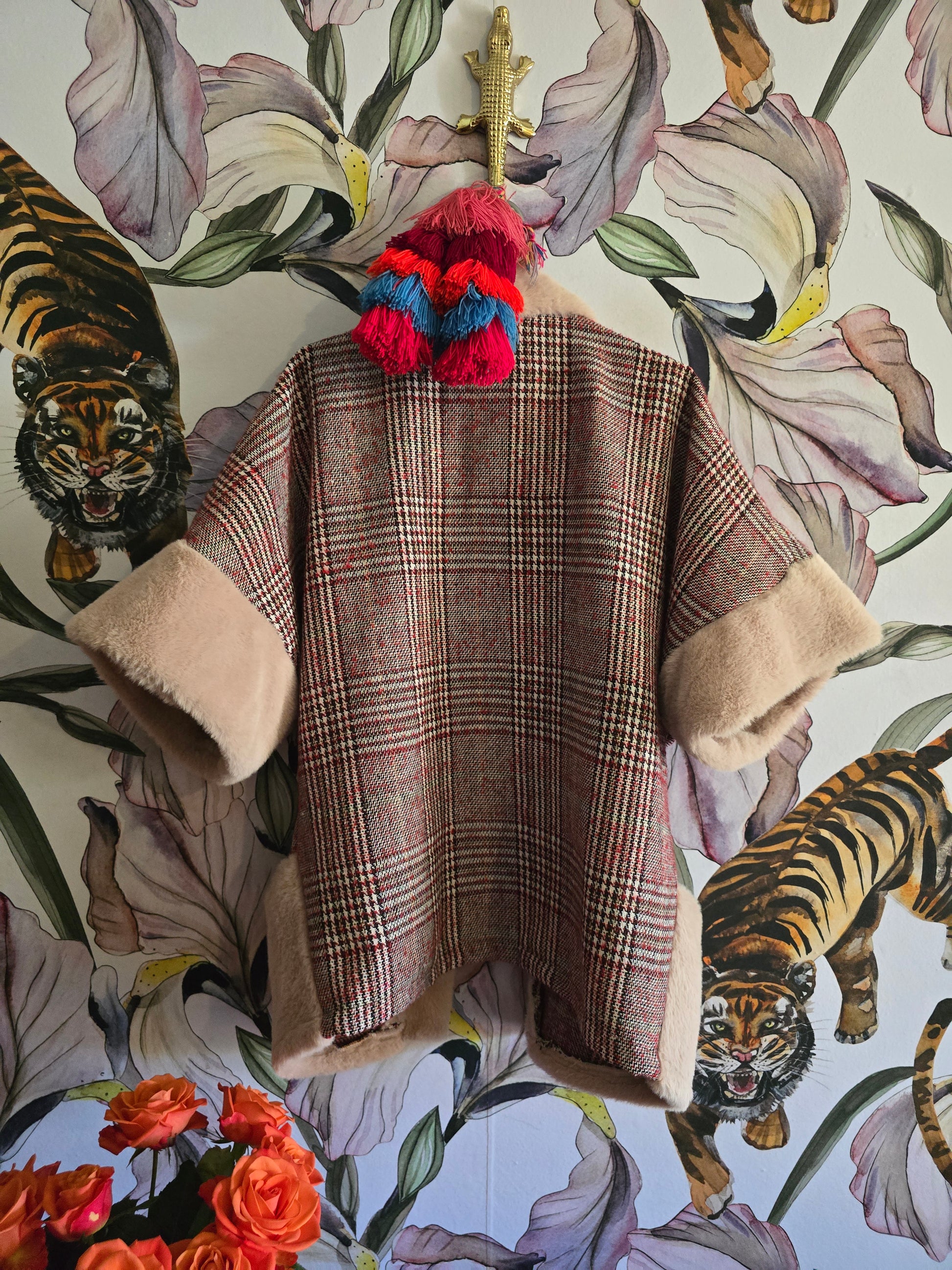 The TAMMY RED TARTAN BOHO SLEEVELESS JACKET WITH FAUX FUR