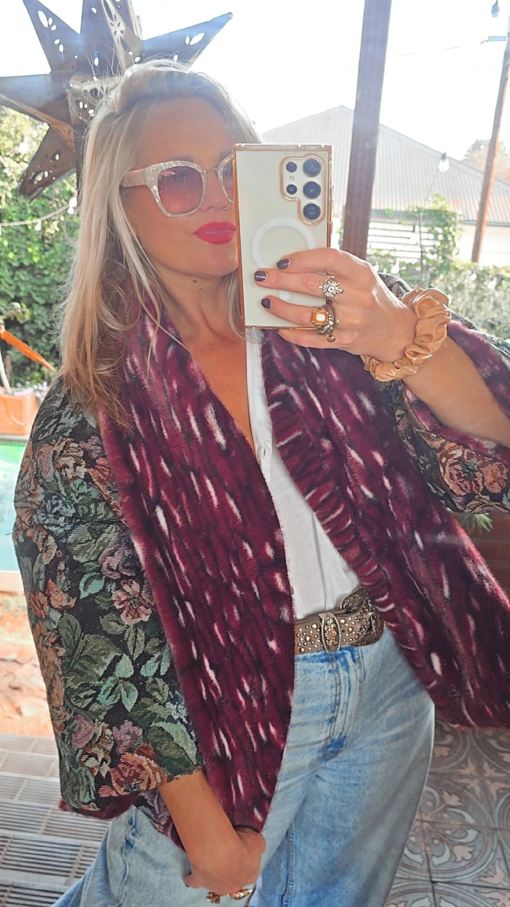The MARIE ANTOINETTE TAPESTRY & FAUX FUR FULLY REVERSIBLE JACKET IN MAROON.