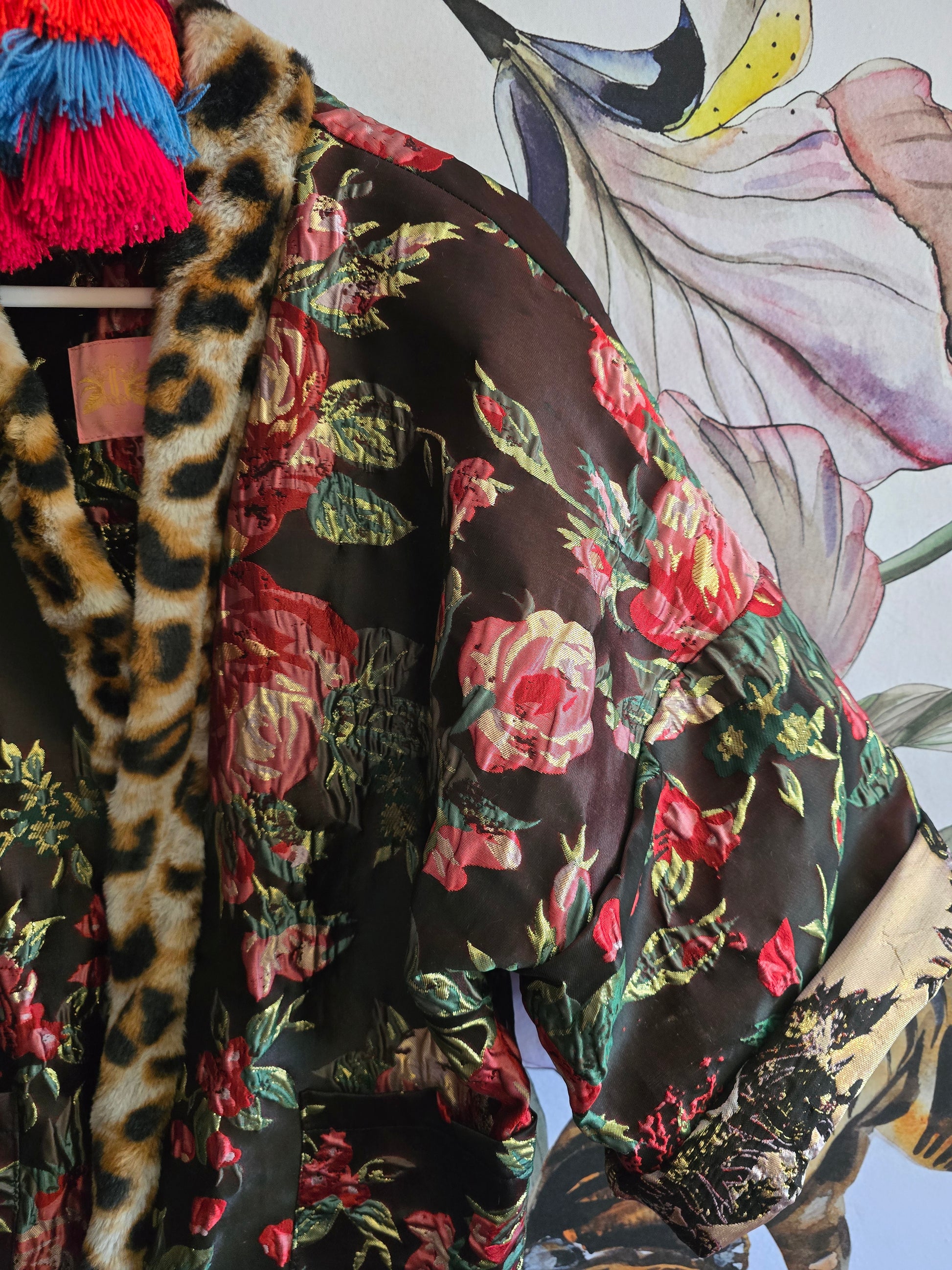 The DOLCÈ brocade rose & gold jacket with faux fur leopard