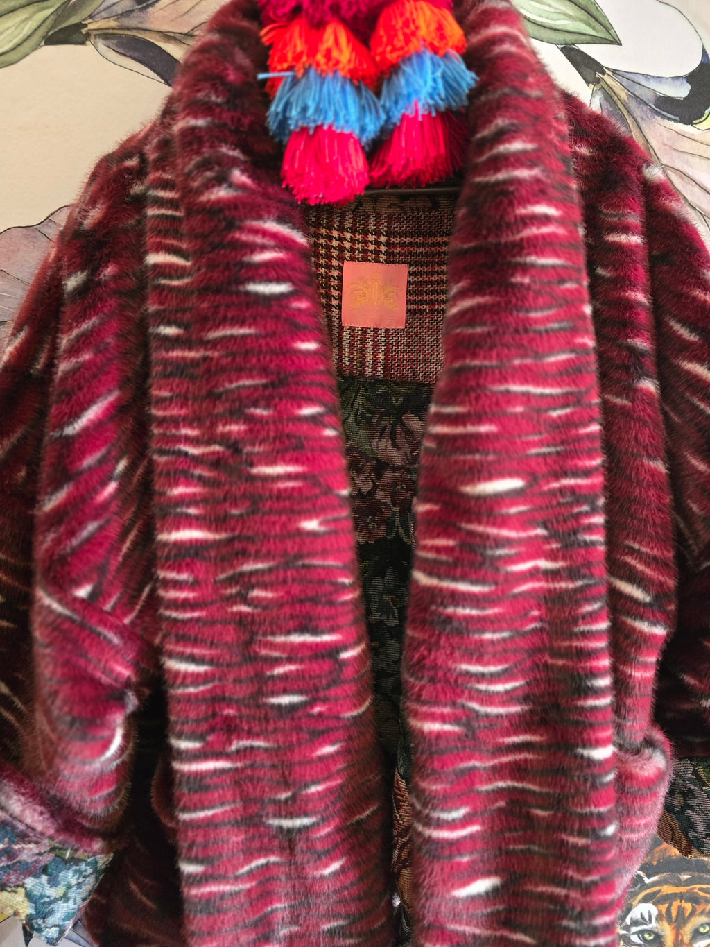 The MARIE ANTOINETTE TAPESTRY & FAUX FUR FULLY REVERSIBLE JACKET IN MAROON.