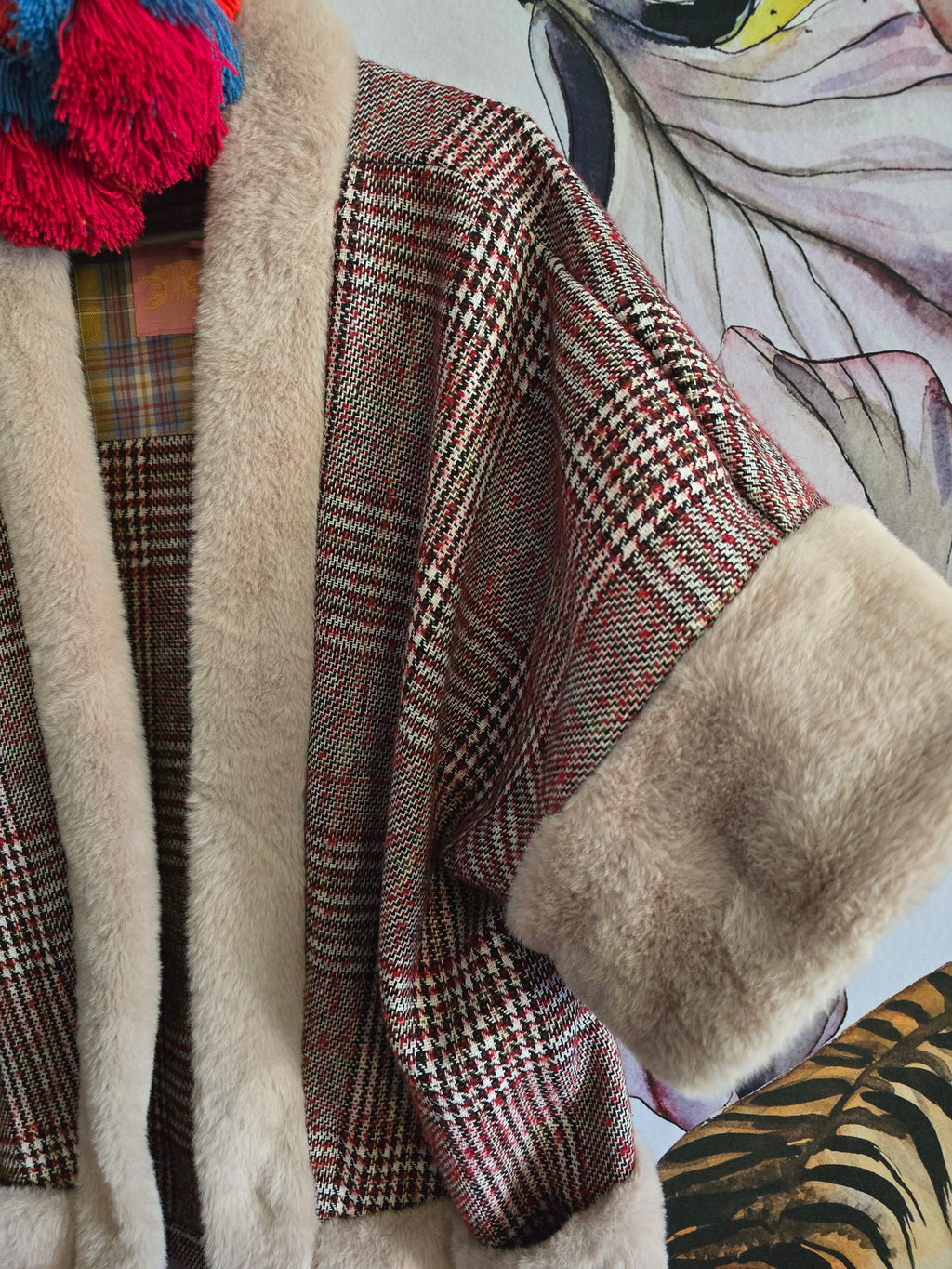 The TAMMY RED TARTAN BOHO SLEEVELESS JACKET WITH FAUX FUR