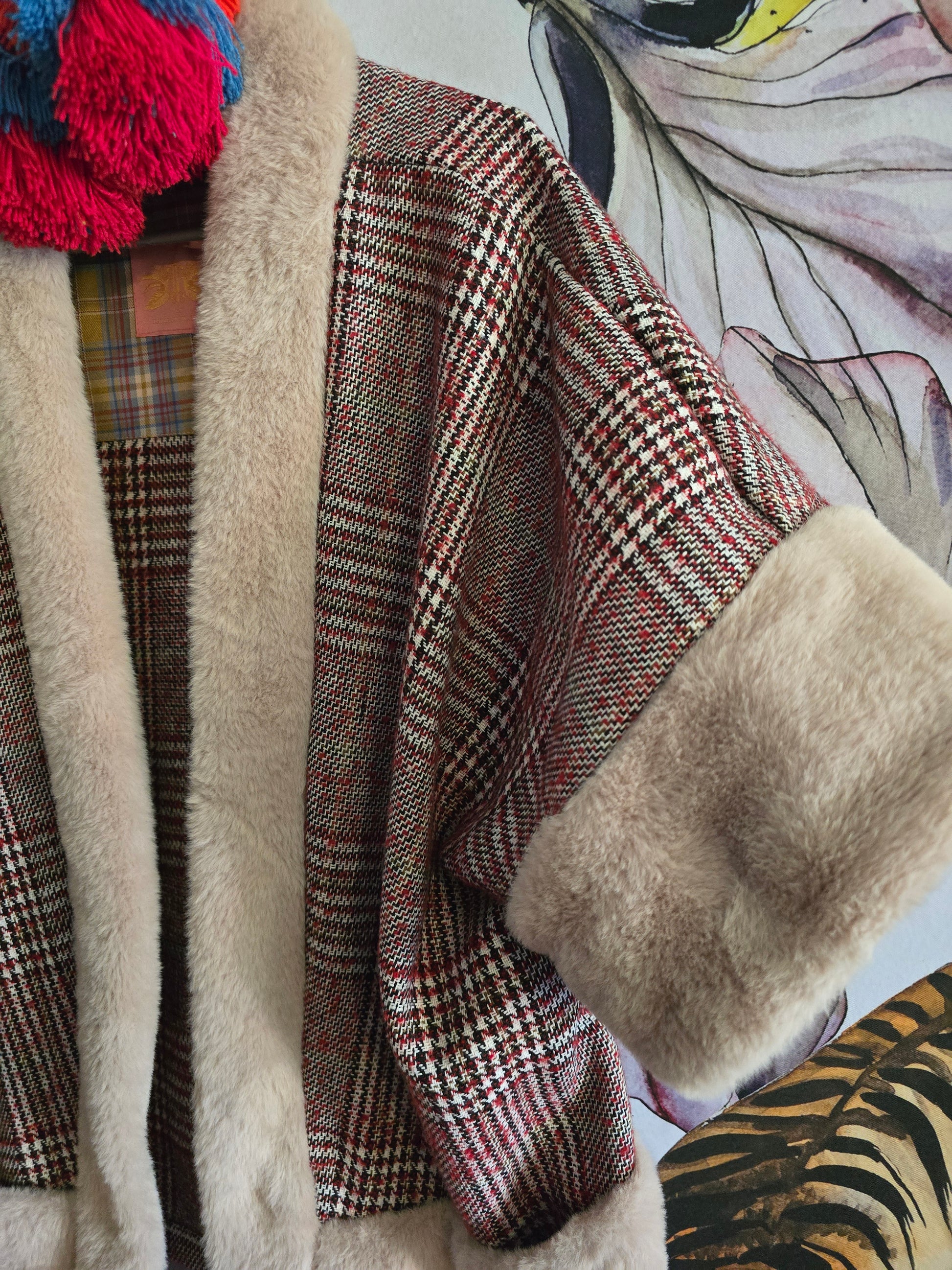 The TAMMY RED TARTAN BOHO SLEEVELESS JACKET WITH FAUX FUR
