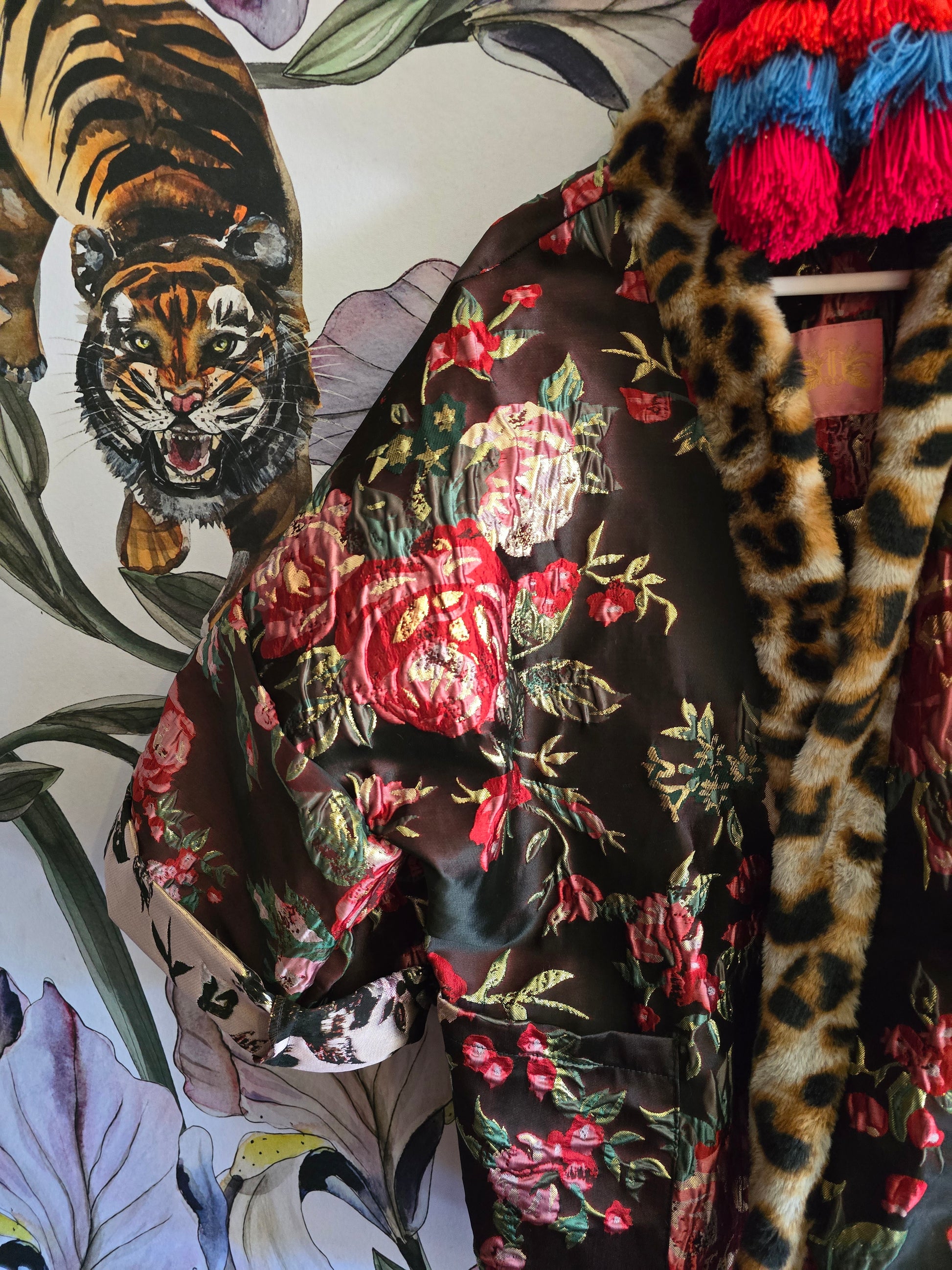 The DOLCÈ brocade rose & gold jacket with faux fur leopard