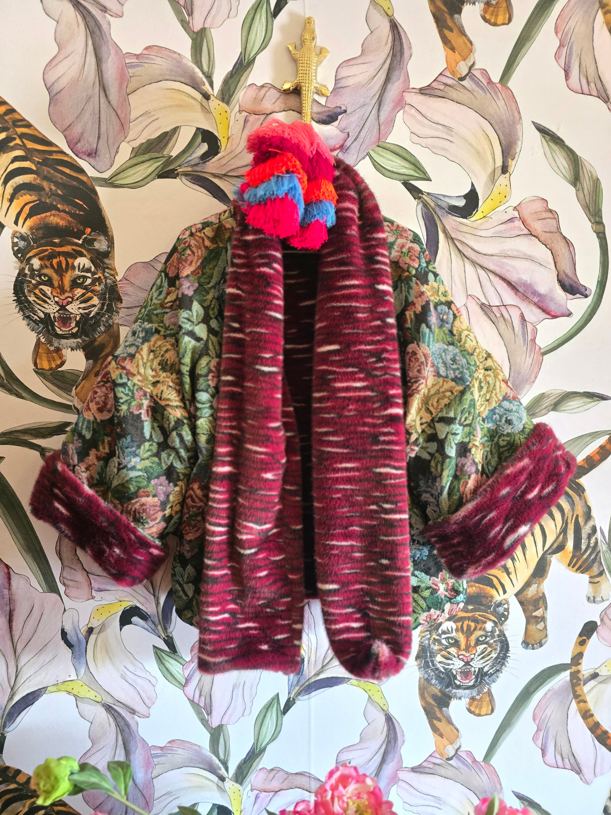The MARIE ANTOINETTE TAPESTRY & FAUX FUR FULLY REVERSIBLE JACKET IN MAROON.